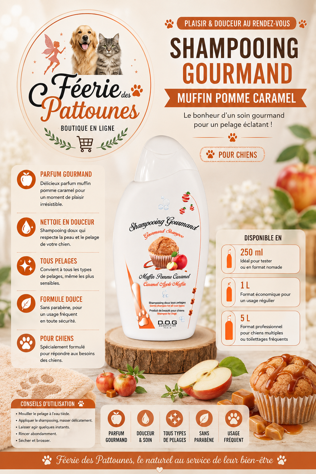 🍏🍮 Shampooing Gourmand Muffin Pomme Caramel – Dog Génération (250 ml • 1 L • 5 L)