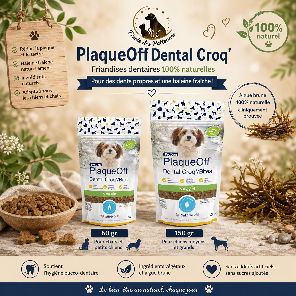 🦷 PlaqueOff Dental Croq’ – Friandises Dentaires Naturelles (60 g • 150 g)