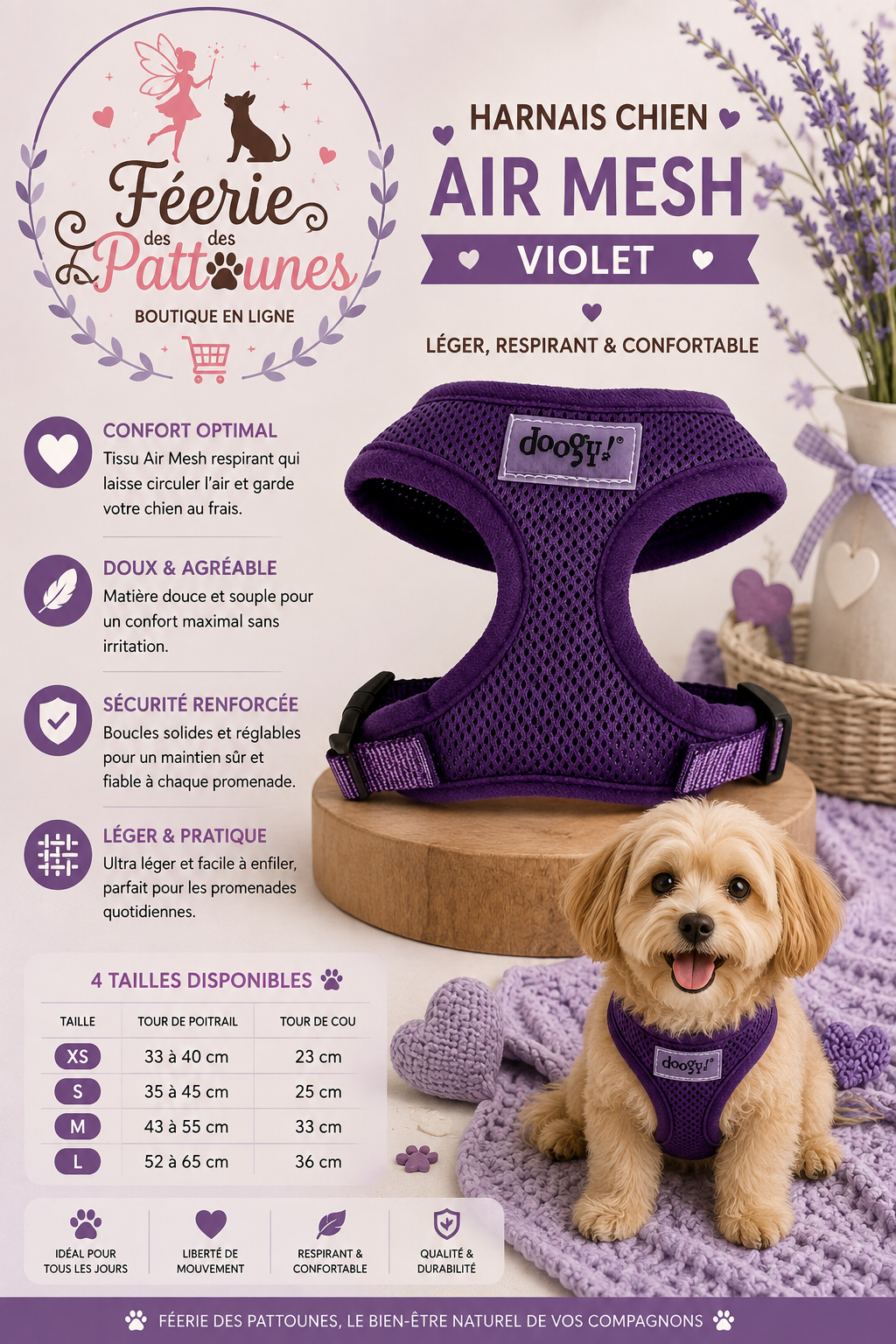 💜🐶 Harnais Air Mesh Classic – Violet (Tailles XS • S • M • L)