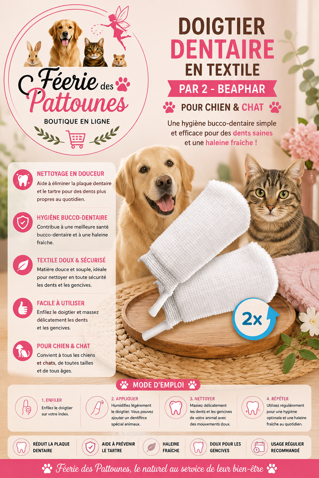 🦷🐾 Doigtier Dentaire en Textile – Beaphar (Pack de 2)