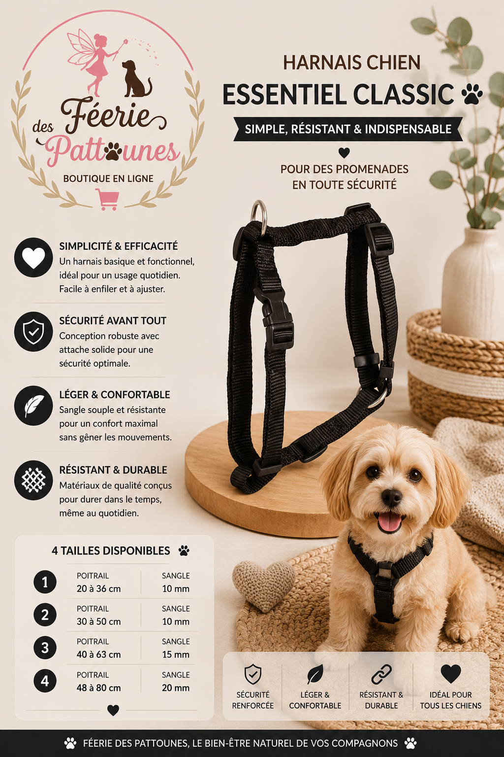 ⚫🐶 Harnais Essentiel Classic – Noir (Tailles 1 • 2 • 3 • 4)