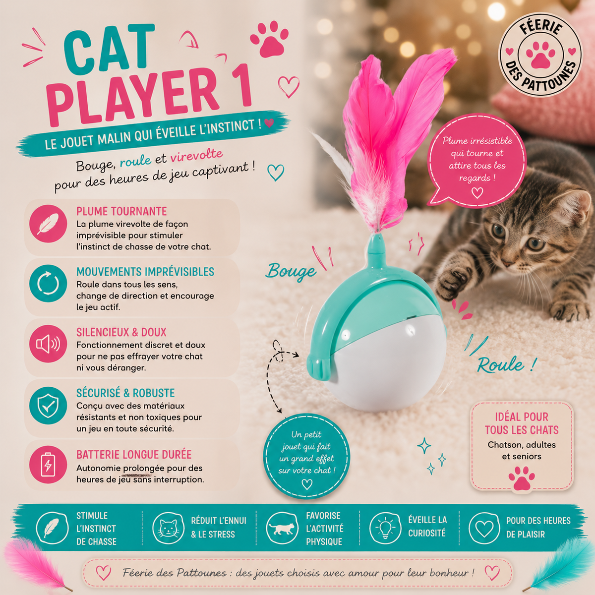 🎮 Cat Player 1 – Jouet Interactif pour Chat (Sans Pile)