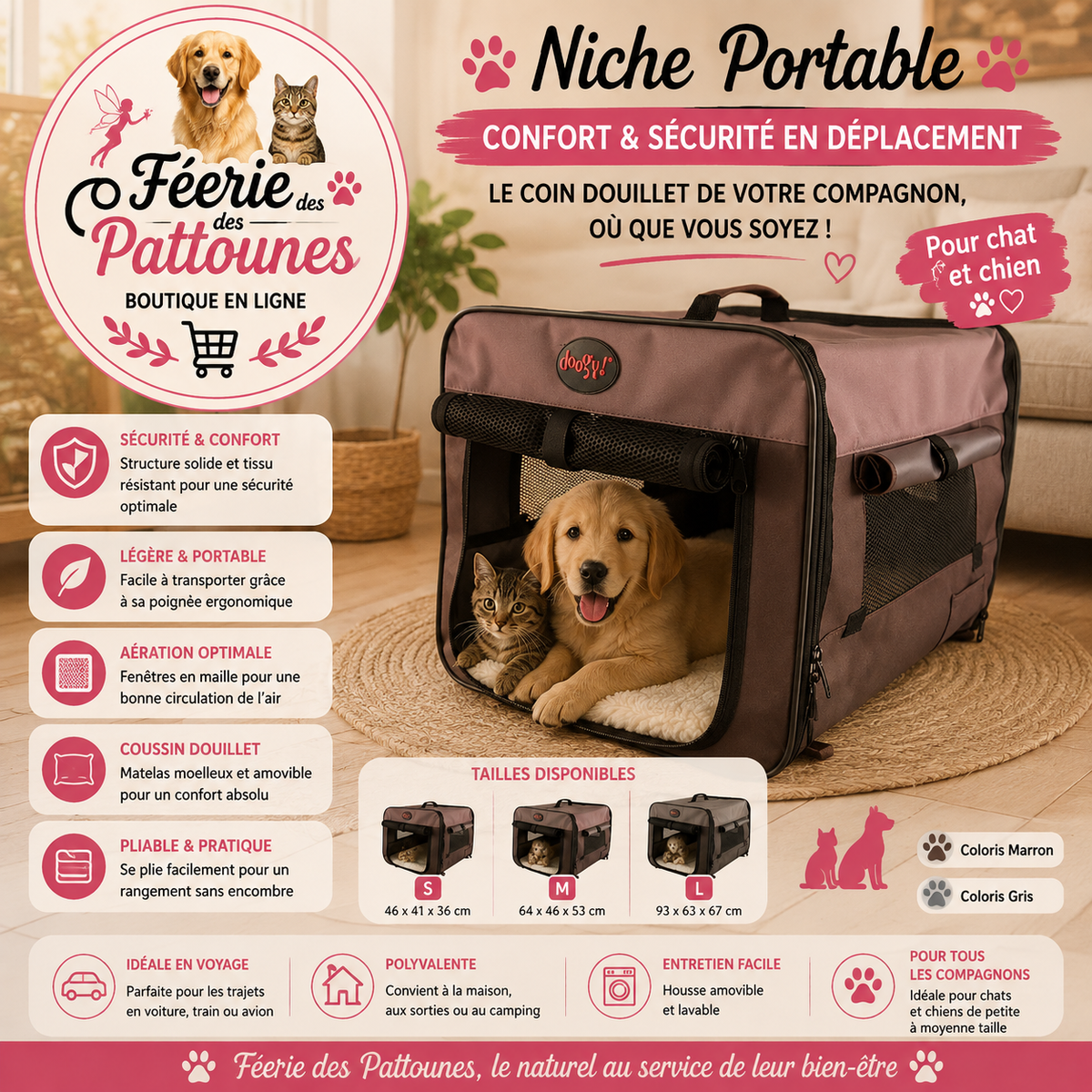🟦🐶 Niche Portable – Pliable, Légère & Ventilée (3 Tailles)