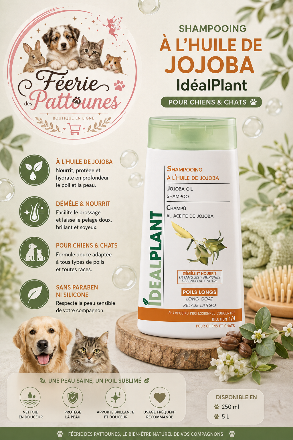 🌼✨ Shampooing à l’Huile de Jojoba – IdealPlant (250 ml • 5 L)