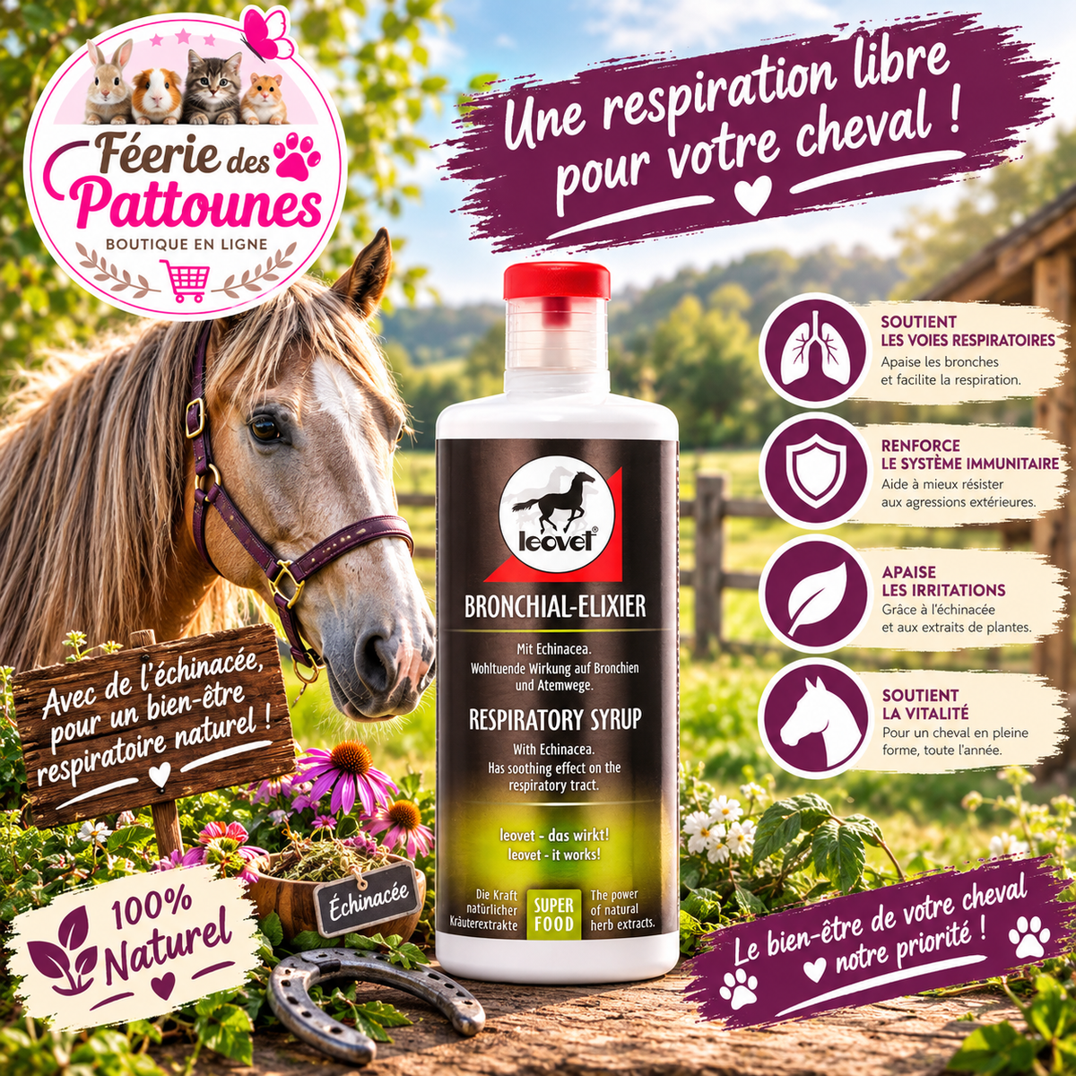 🌿🐴 leovet – Elixir Bronchique à l’Échinacée (1 L)