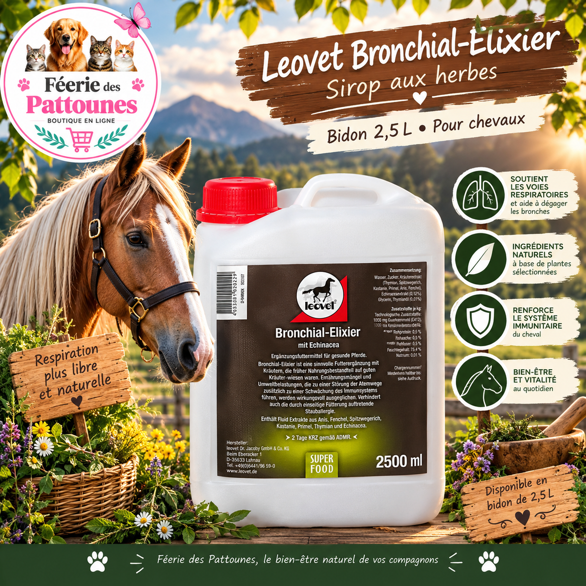 🌬️🐴 leovet – Bronchial Elixier, Sirop aux Herbes (2,5 L)