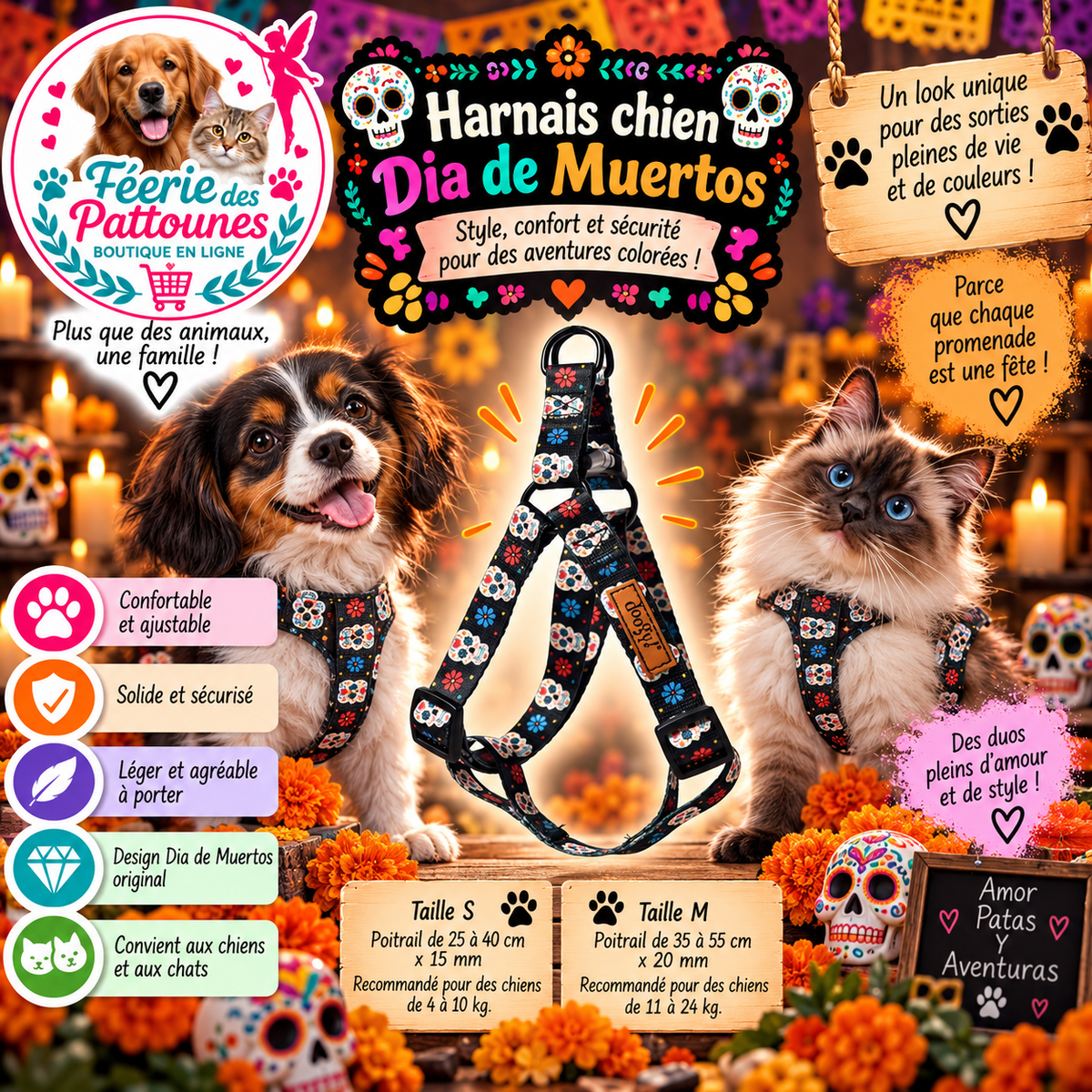 💀🌺 Harnais Dia de Muertos – Doogy (Tailles S & M)  💀🌺