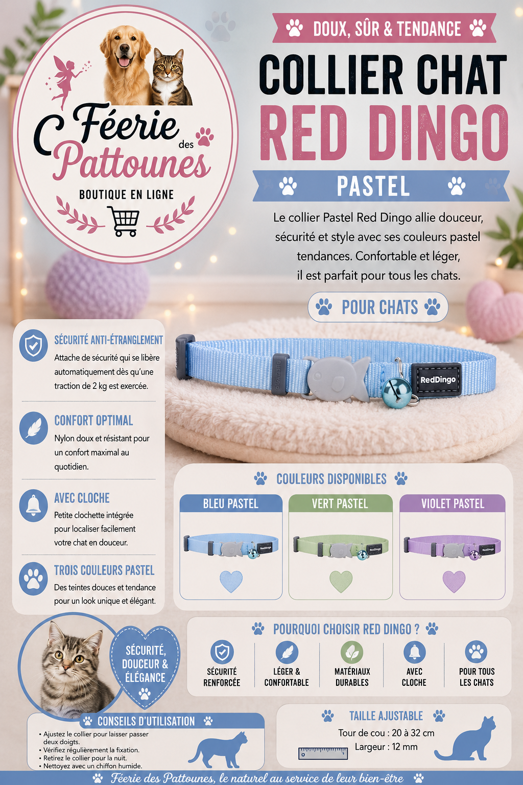 🌈🐾 Collier Red Dingo Pastel – Pour Chat (20 à 32 cm × 12 mm)