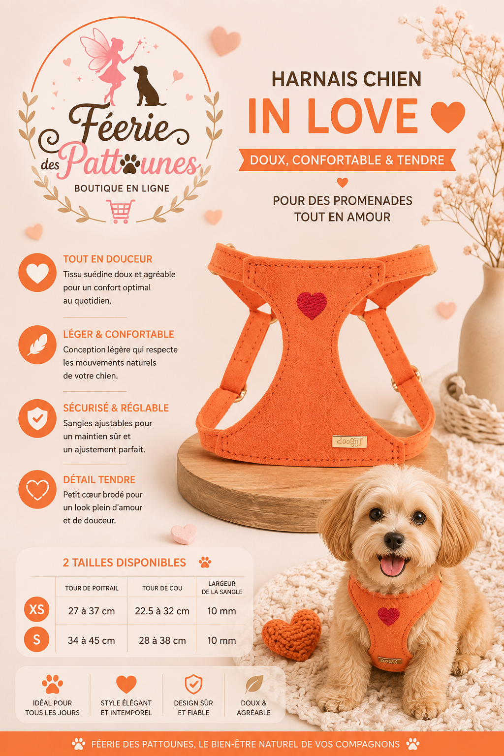 🧡💘🐶 Harnais In Love – Orange (Tailles XS • S)