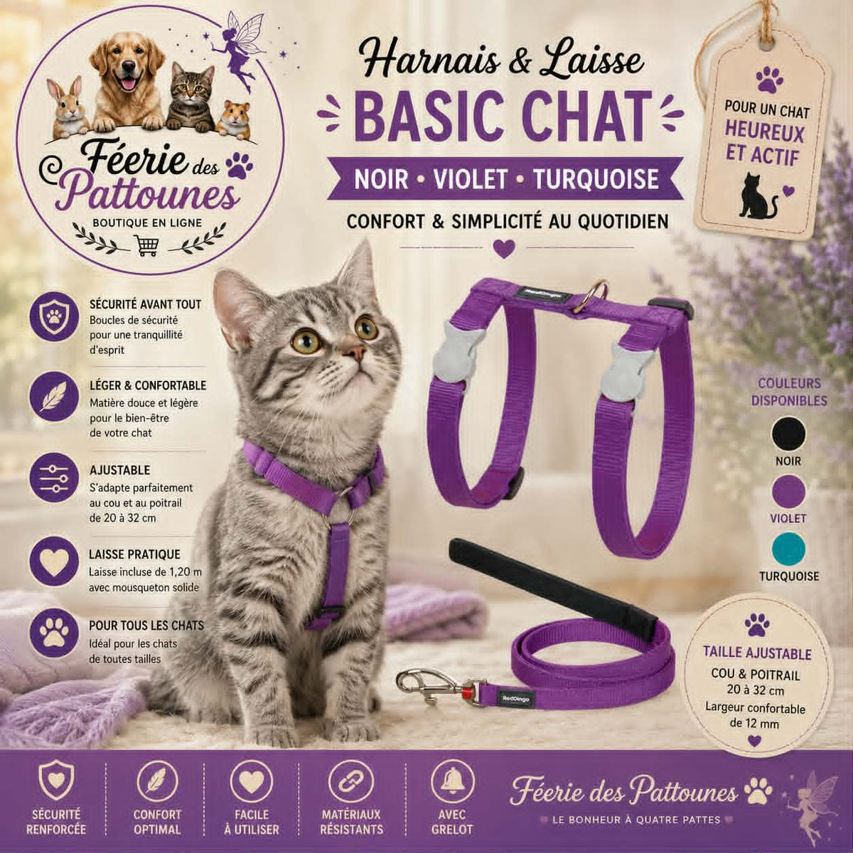 🐾🖤 Harnais & Laisse Basic – Red Dingo (Chat)
