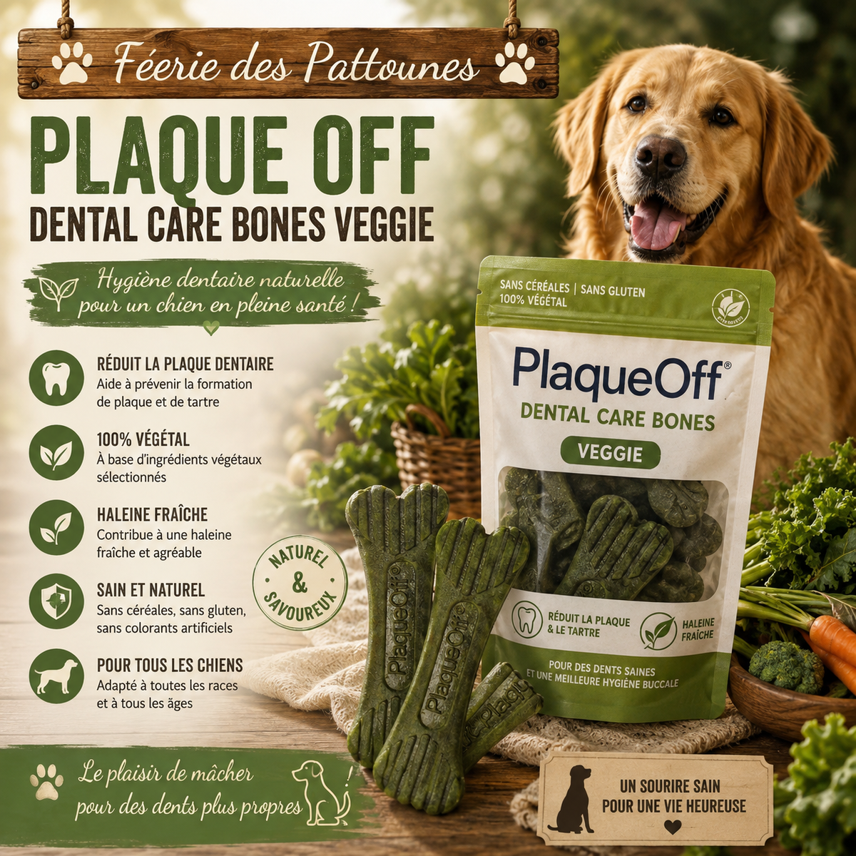 🦷 PlaqueOff Dental Care Bones Veggie – Friandises Dentaires Véganes (485 g • 13 biscuits)
