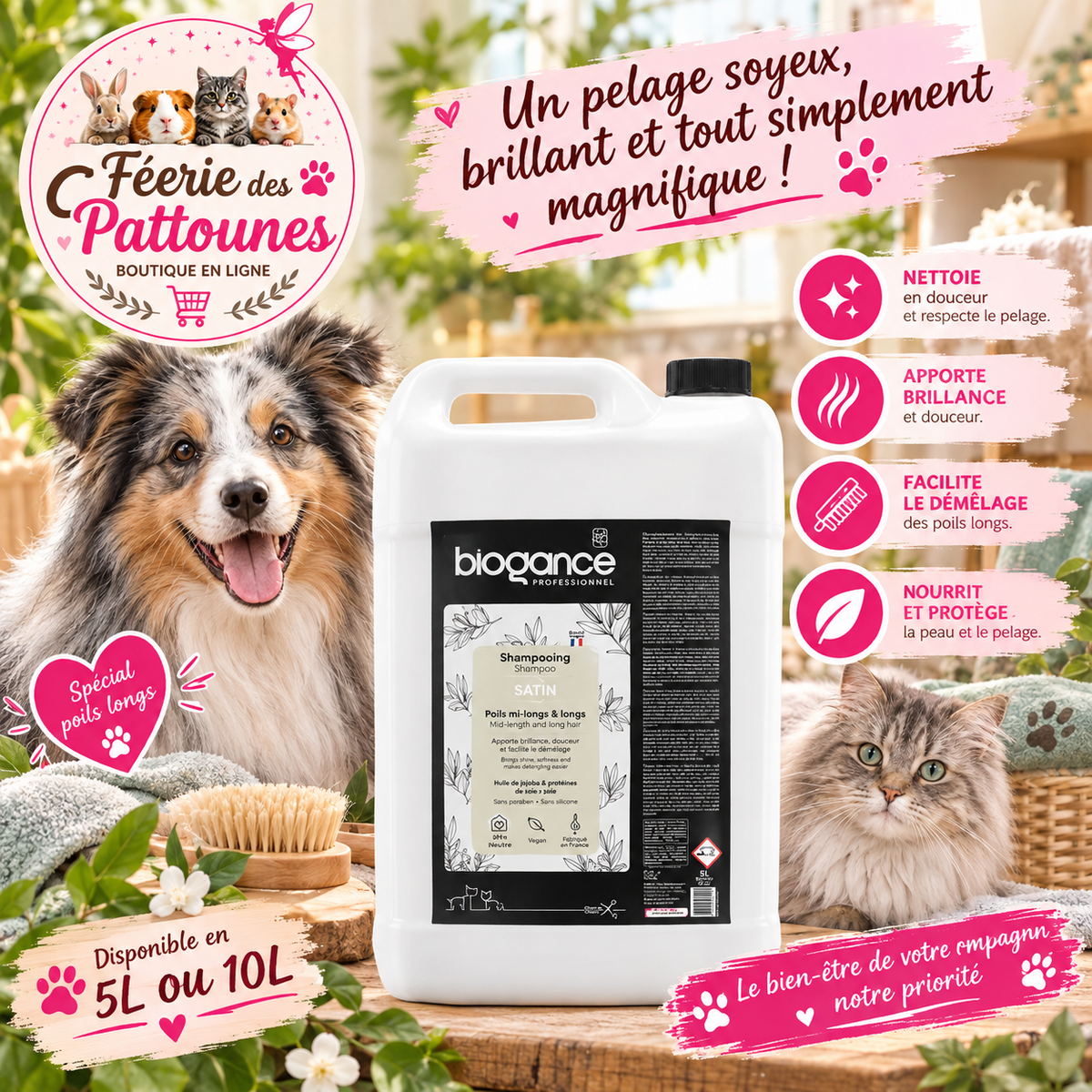 ✨🐾 Shampoing Biogance – Satin Poils Longs (5 L • 10 L)