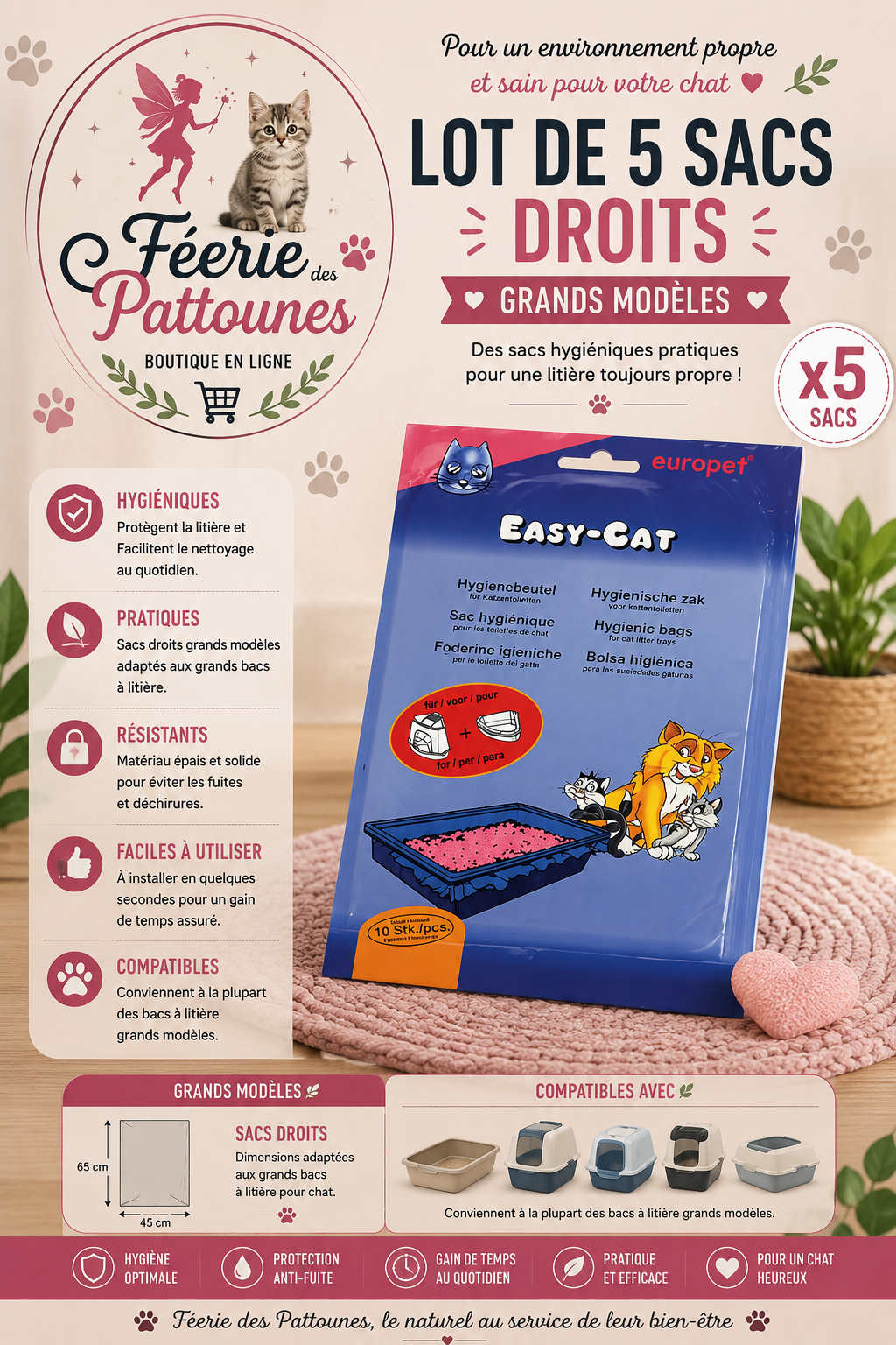 🛍️ Lot de 5 Sacs Hygiéniques – Grands Modèles pour Bac à Litière Droit (56 à 69 cm)