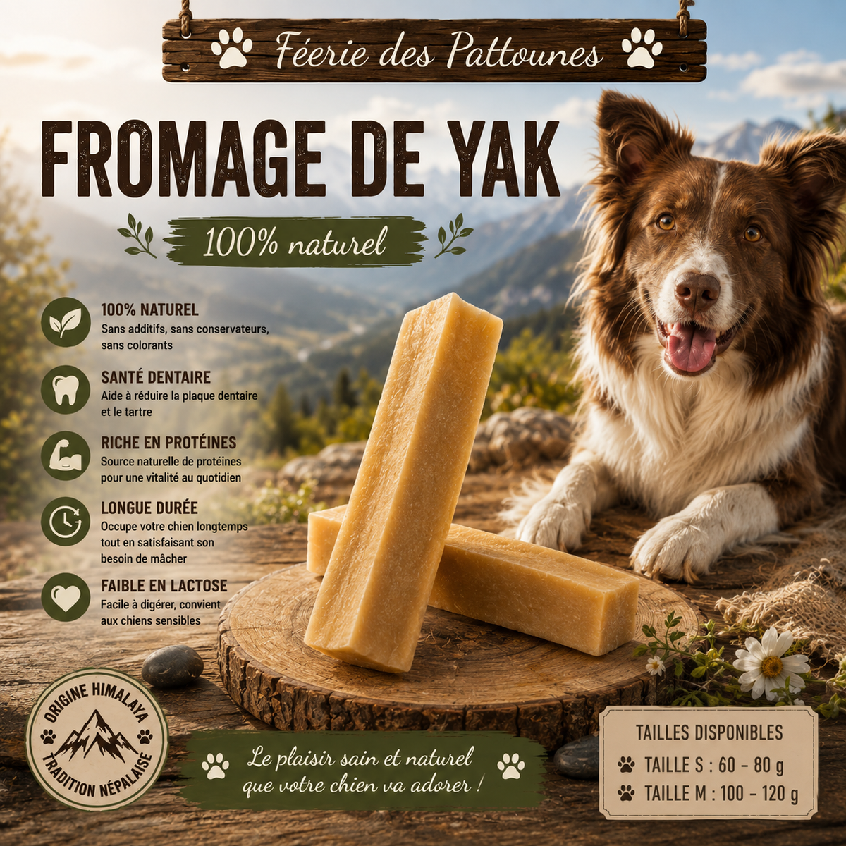 🧀 Fromage de Yak – Friandise Naturelle pour Chien (Tailles S • M)