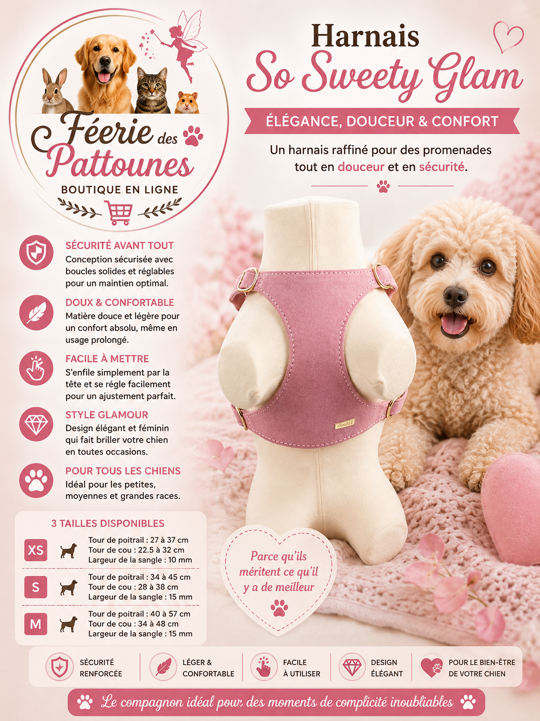 🌸✨🐶 Harnais So Sweety Glam – Rose (Tailles XS • S • M)