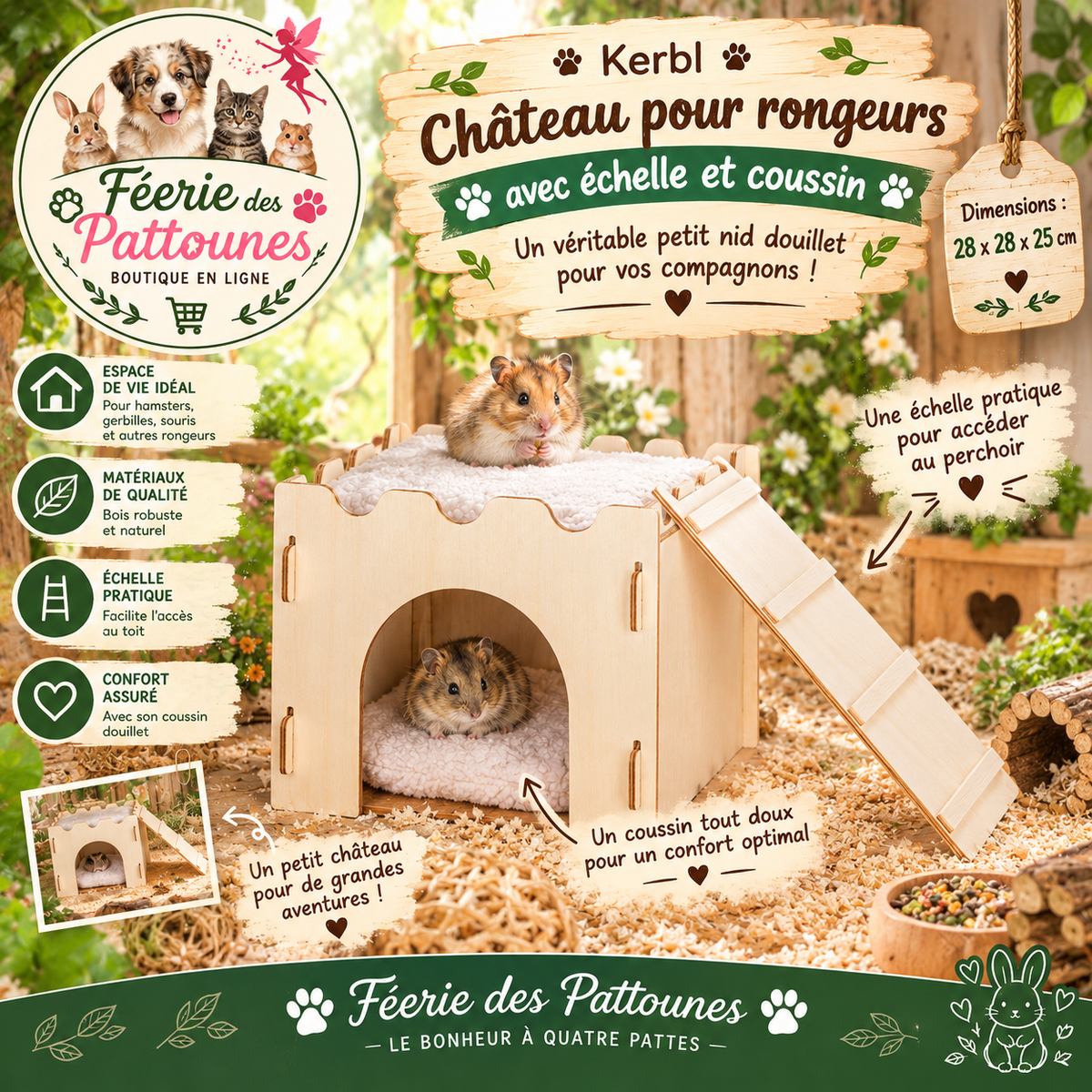 🏰🐹 Kerbl – Château pour Rongeurs avec Échelle & Coussin (28 × 28 × 25 cm)