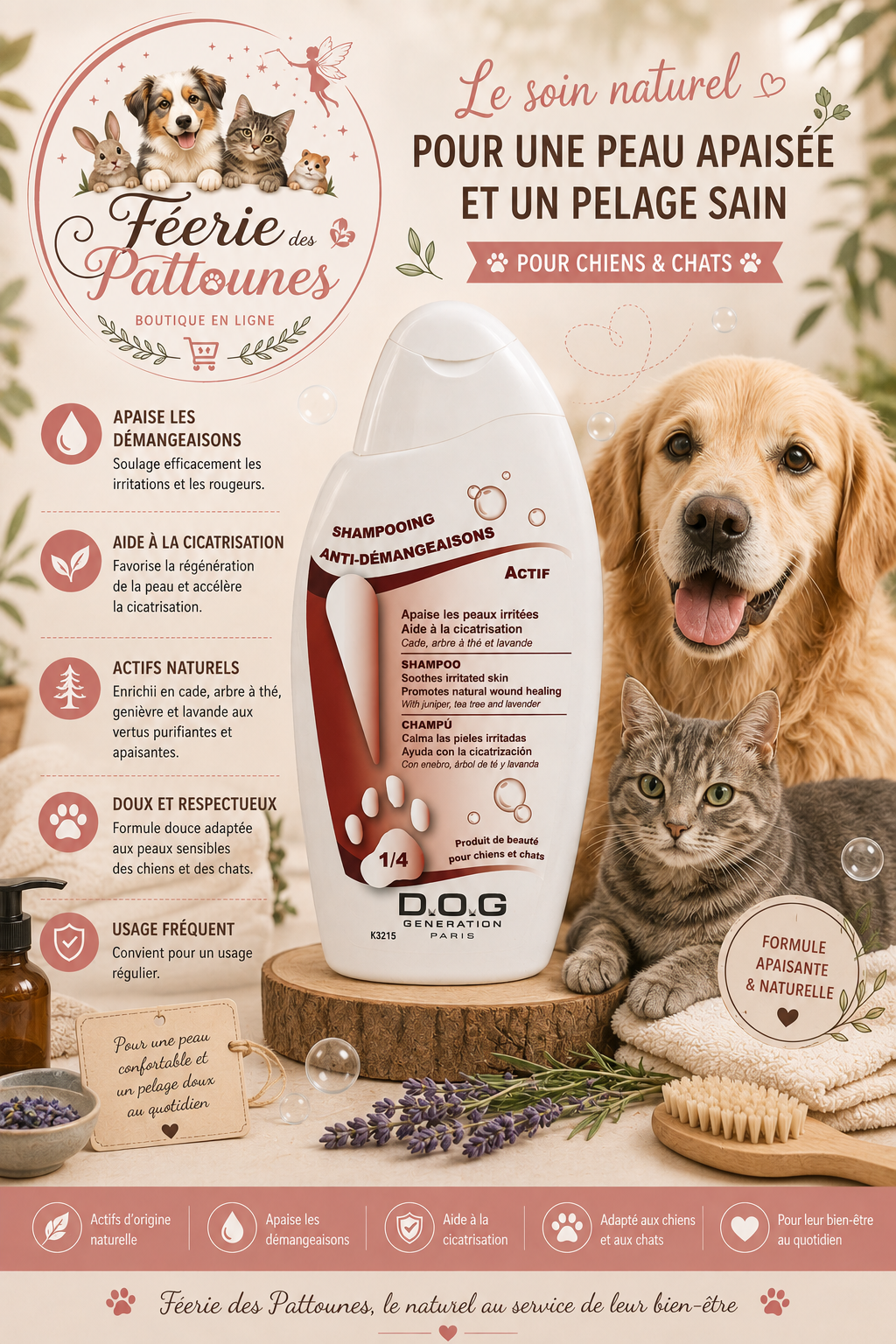 🌿 Dog Génération – Shampooing Anti‑Démangeaisons (250 ml • 1 L)