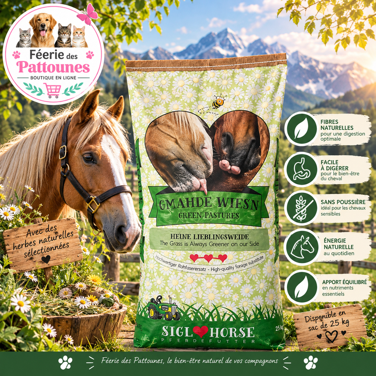 🌾🐴 Siglhorse – Gmahde Wiesn, Substitut de Fourrage en Granulés (25 kg)