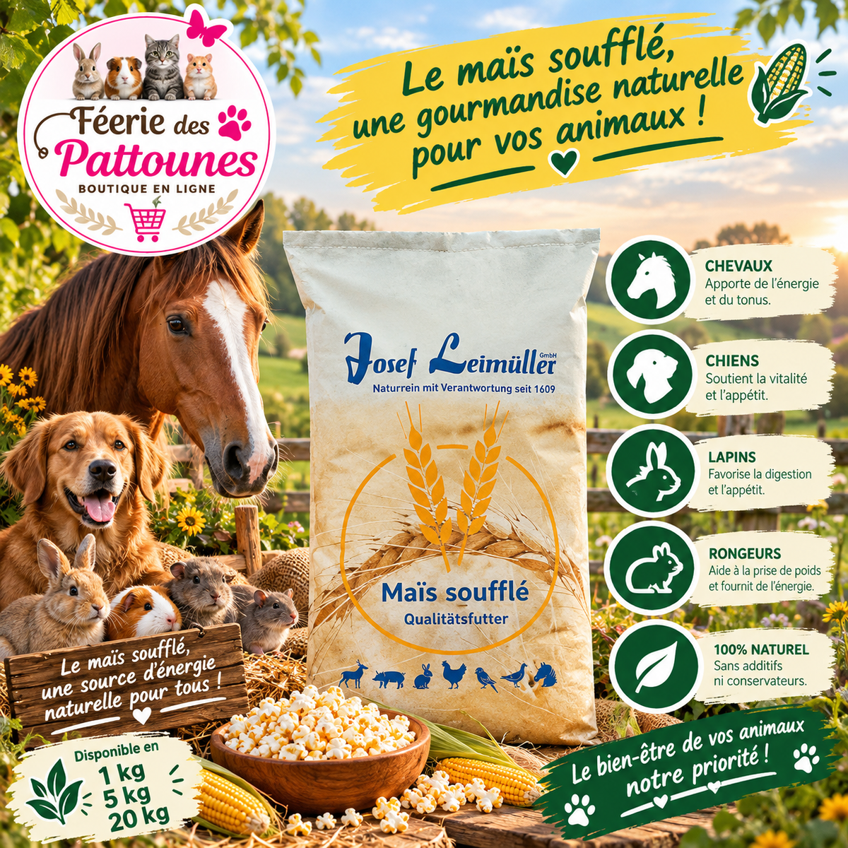 🍿🐴 Leimüller – Maïs Soufflé pour Chevaux (1 kg • 5 kg • 20 kg)