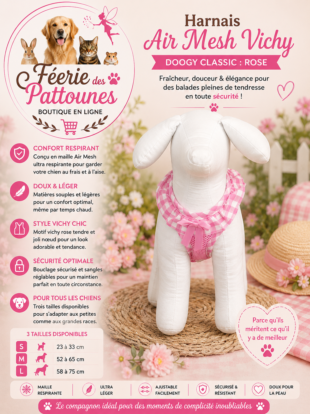 🌸🐶 Harnais Air Mesh Vichy  – Rose