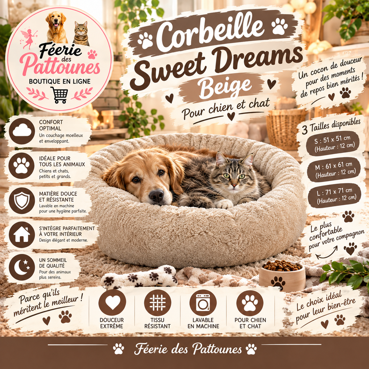 🐾🤎 Corbeille Sweet Dreams – Beige (3 tailles)