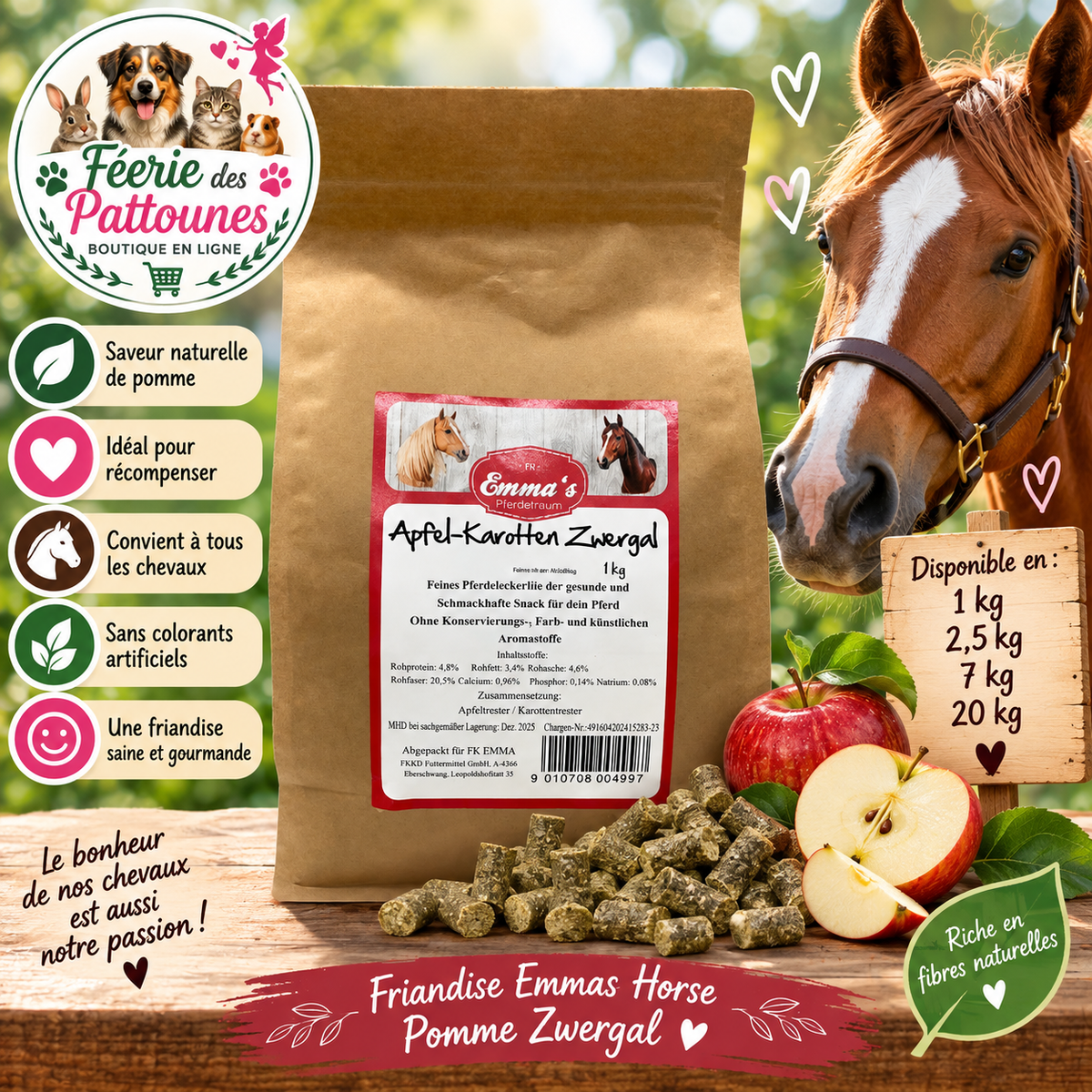 🍏🥕🐴 Emmas Horse – Friandises Pommes & Carottes Zwergal (1 kg • 2,5 kg • 7 kg • 20 kg)