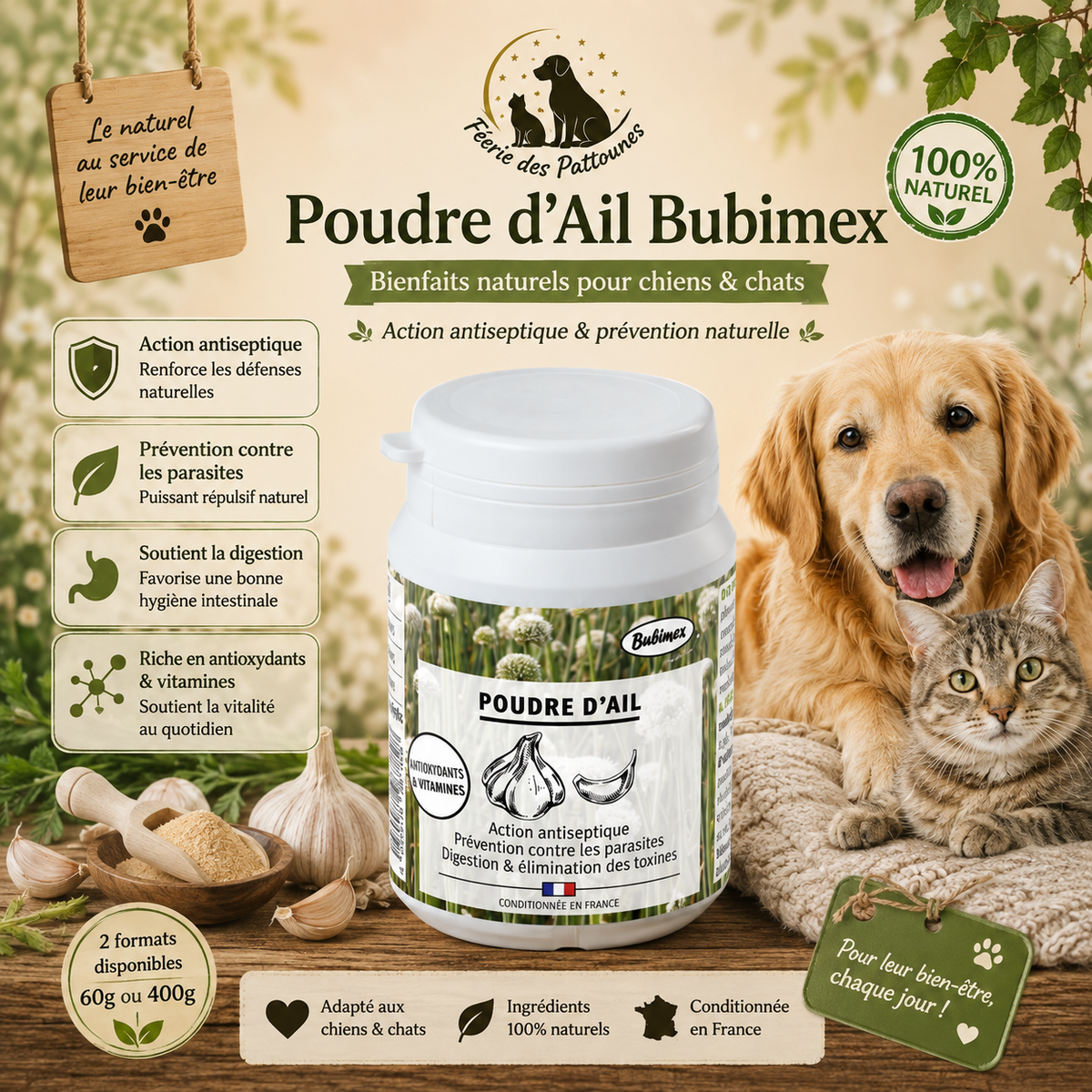 🧄 Poudre d’Ail – Complément Naturel Chiens & Chats (60 g • 400 g)