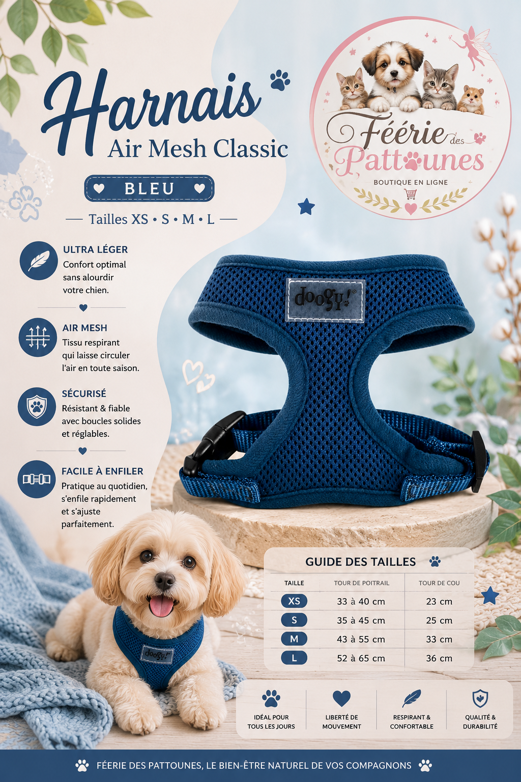🔵🐶 Harnais Air Mesh Classic – Bleu (Tailles XS • S • M • L)