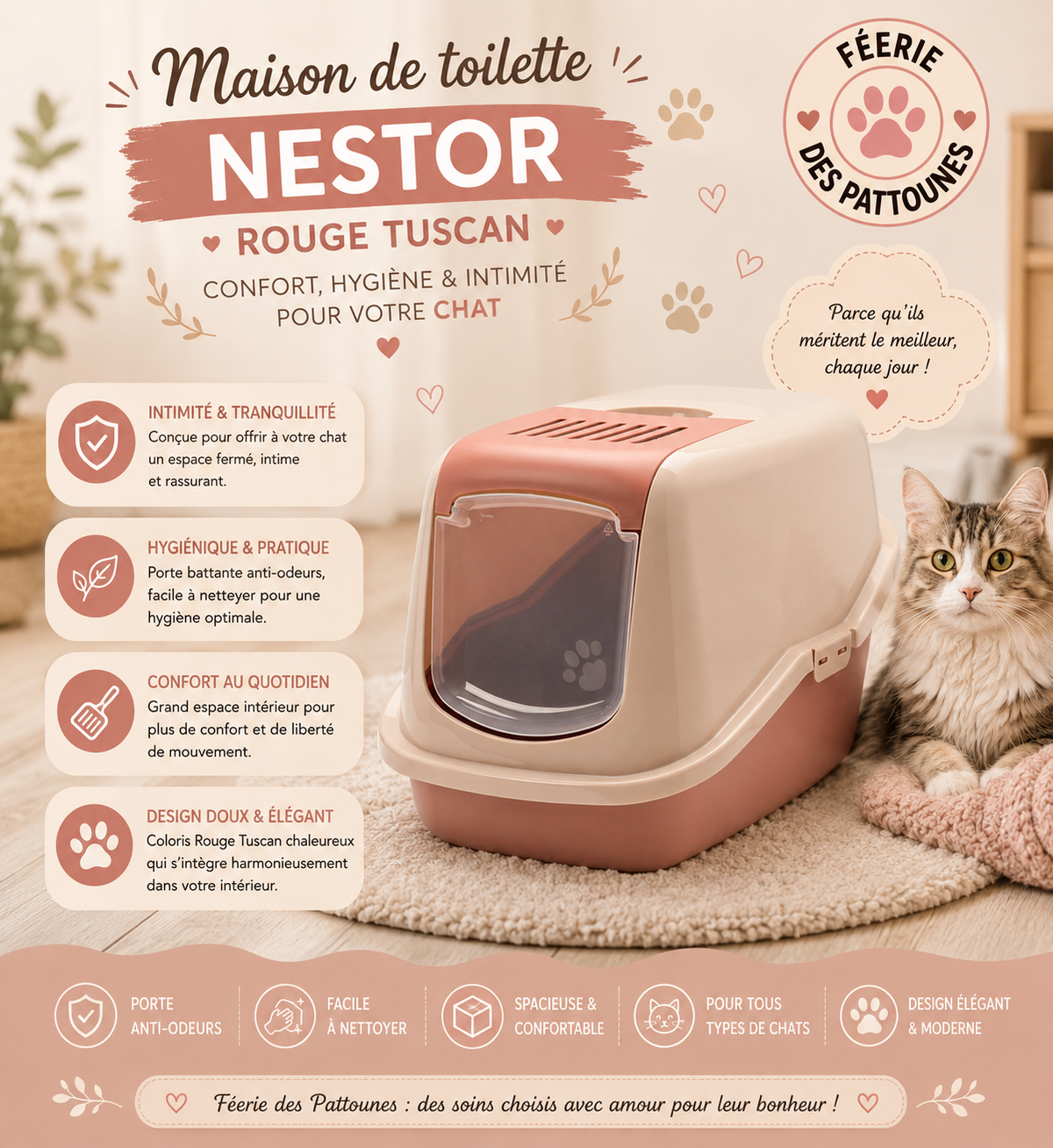 🐾 Maison de Toilette Nestor – Rouge Tuscan (56 × 39 × 38,5 cm)
