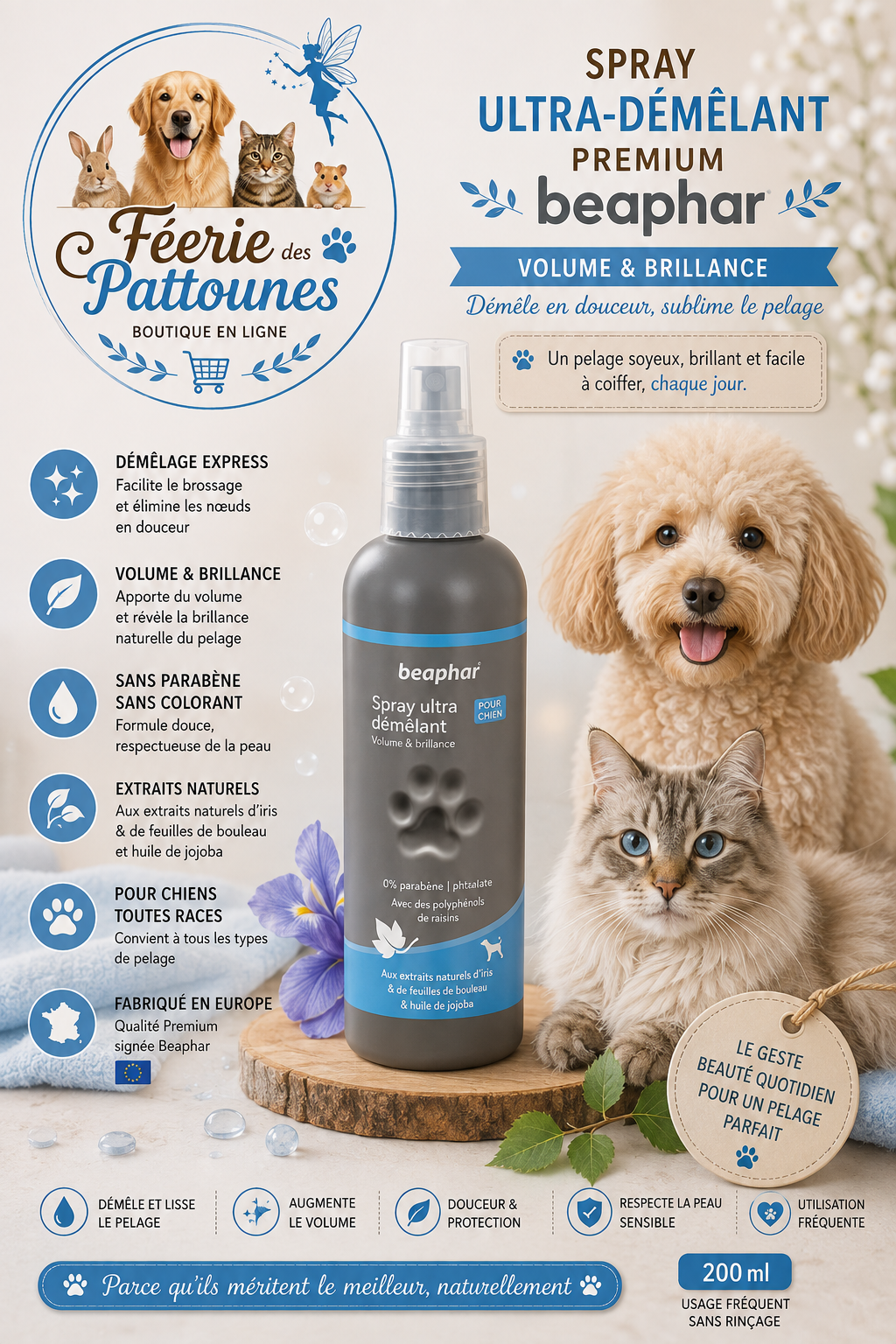 💫 Spray Ultra‑Démêlant – Beaphar Premium (200 ml)