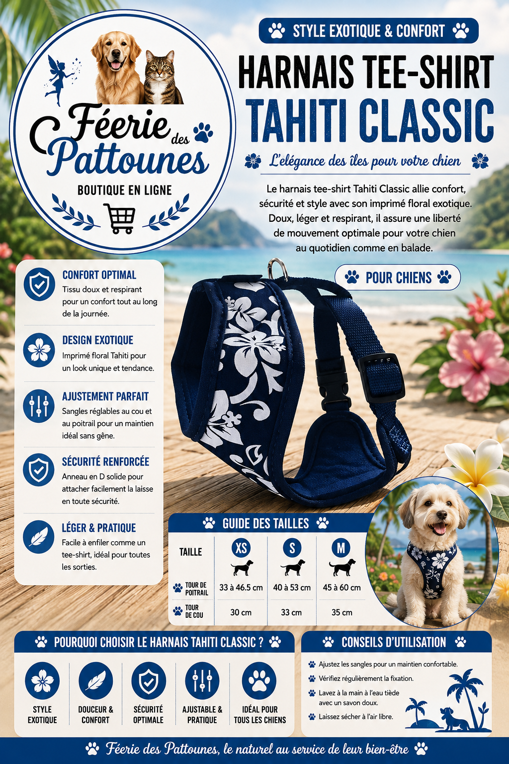 🌺🐶 Harnais Tee‑Shirt Tahiti Classic – Bleu (Tailles XS • S • M)