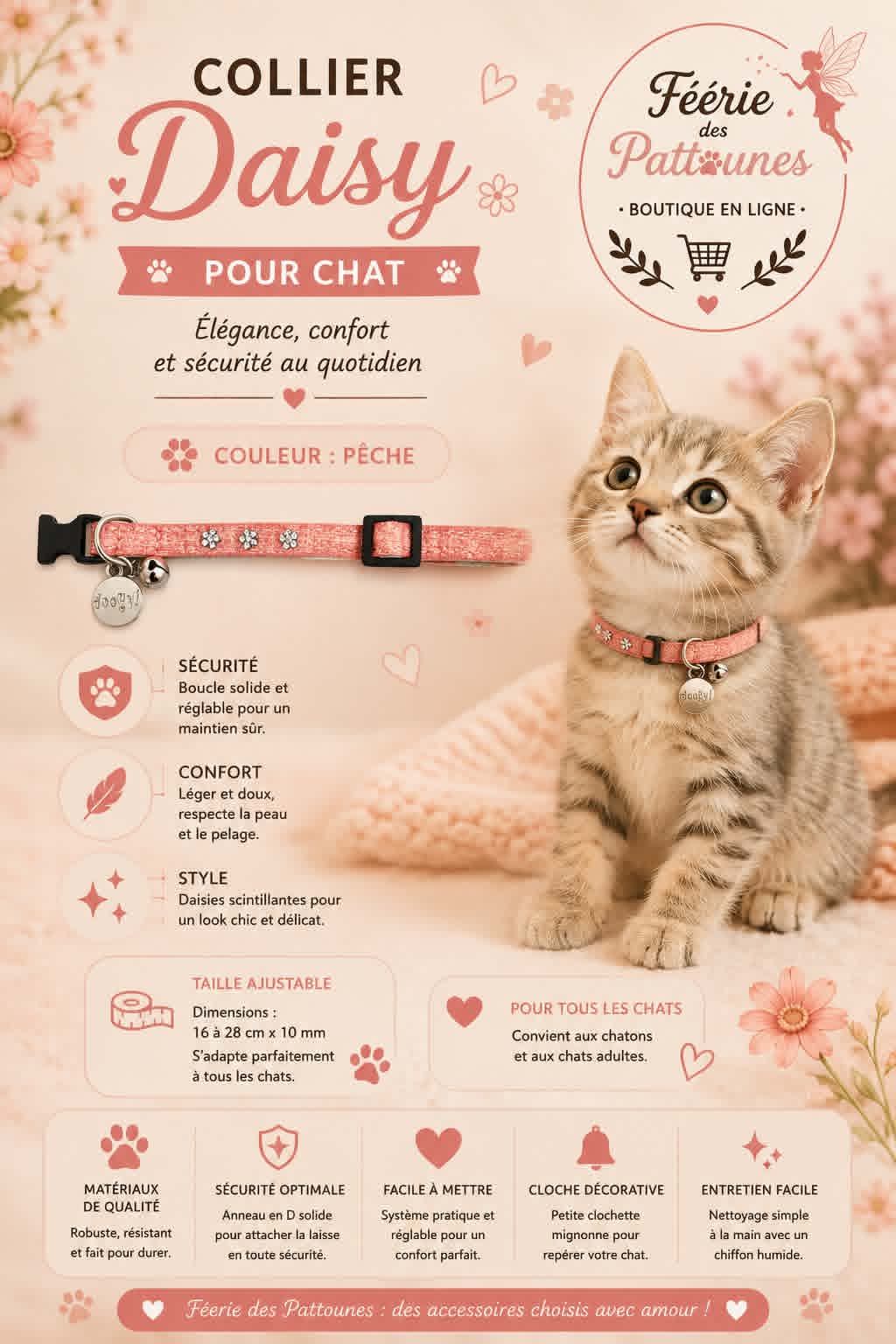 🍑🌼 Collier Daisy – Pour Chat (Couleur Pêche • 16 à 28 cm × 10 mm)