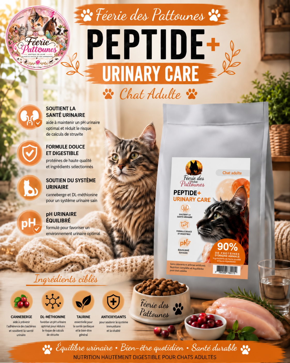 🐱 Croquettes Peptide+ – Urinary Care – Chat Adulte (1,5 kg • 5 kg)