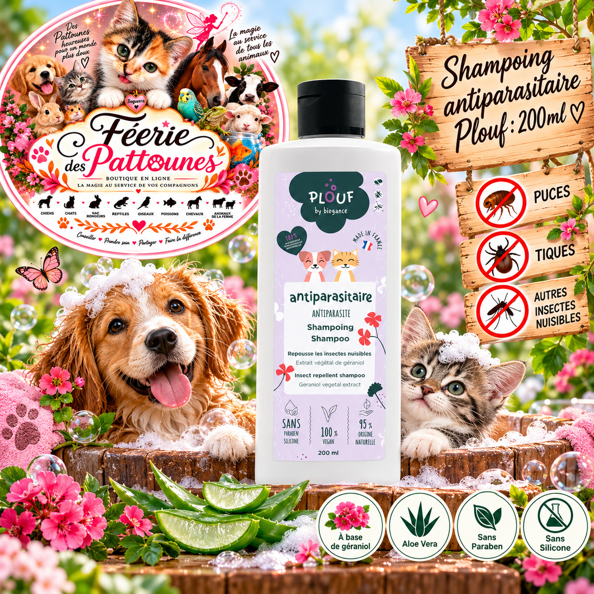 🛡️ Shampooing Antiparasitaire Plouf Biogance – Chien & Chat – 200 ml