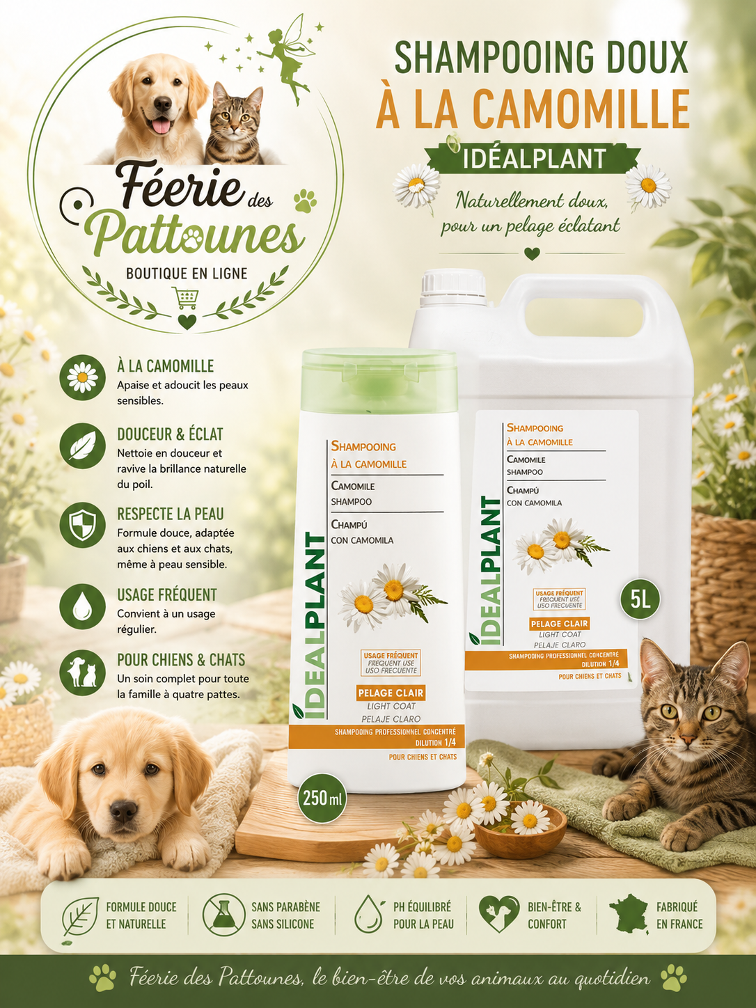 🌼 Shampooing IdealPlant Doux à la Camomille (250 ml • 5 L)