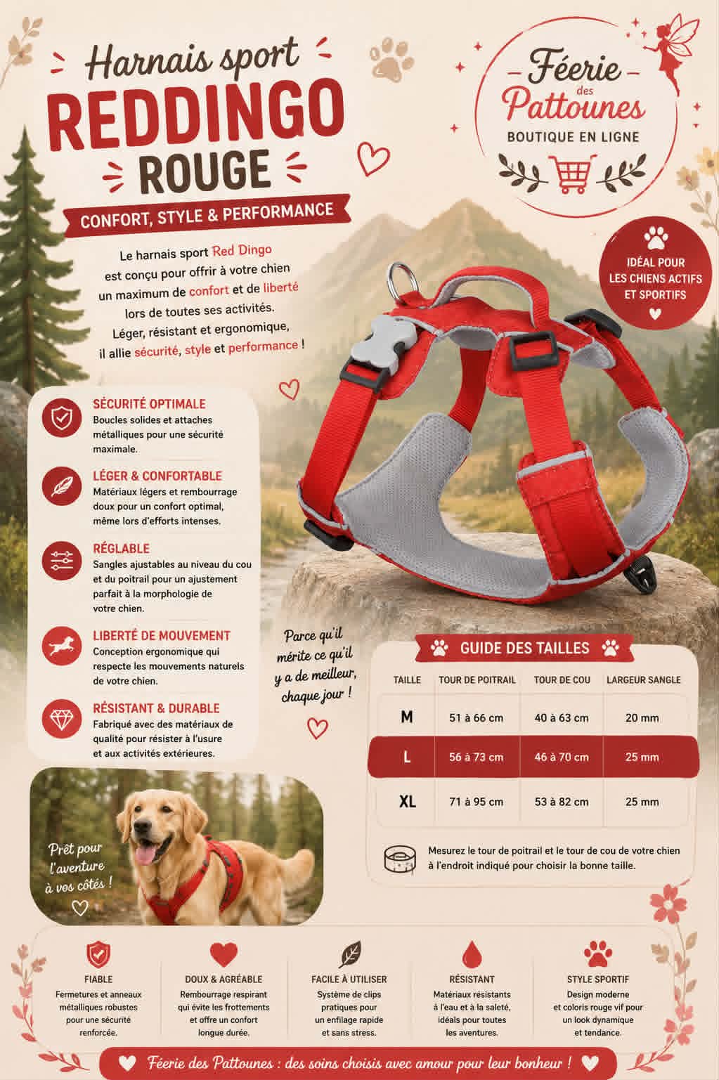 🔴 Harnais Sport Red Dingo – Rouge (Tailles S • M • L • XL)