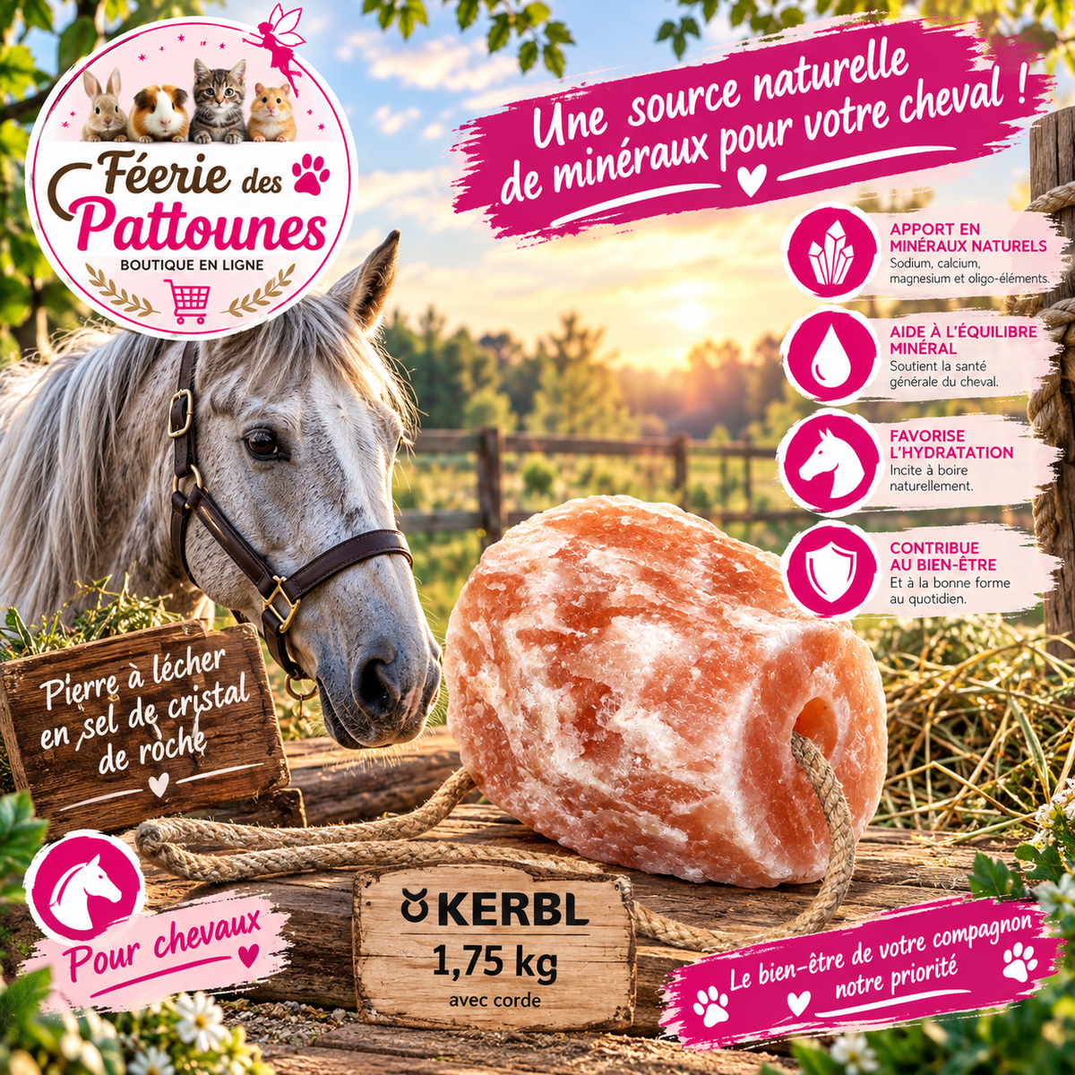 🧂🐴 Pierre à Lécher Kerbl – Sel de Cristal de Roche (1,75 kg)