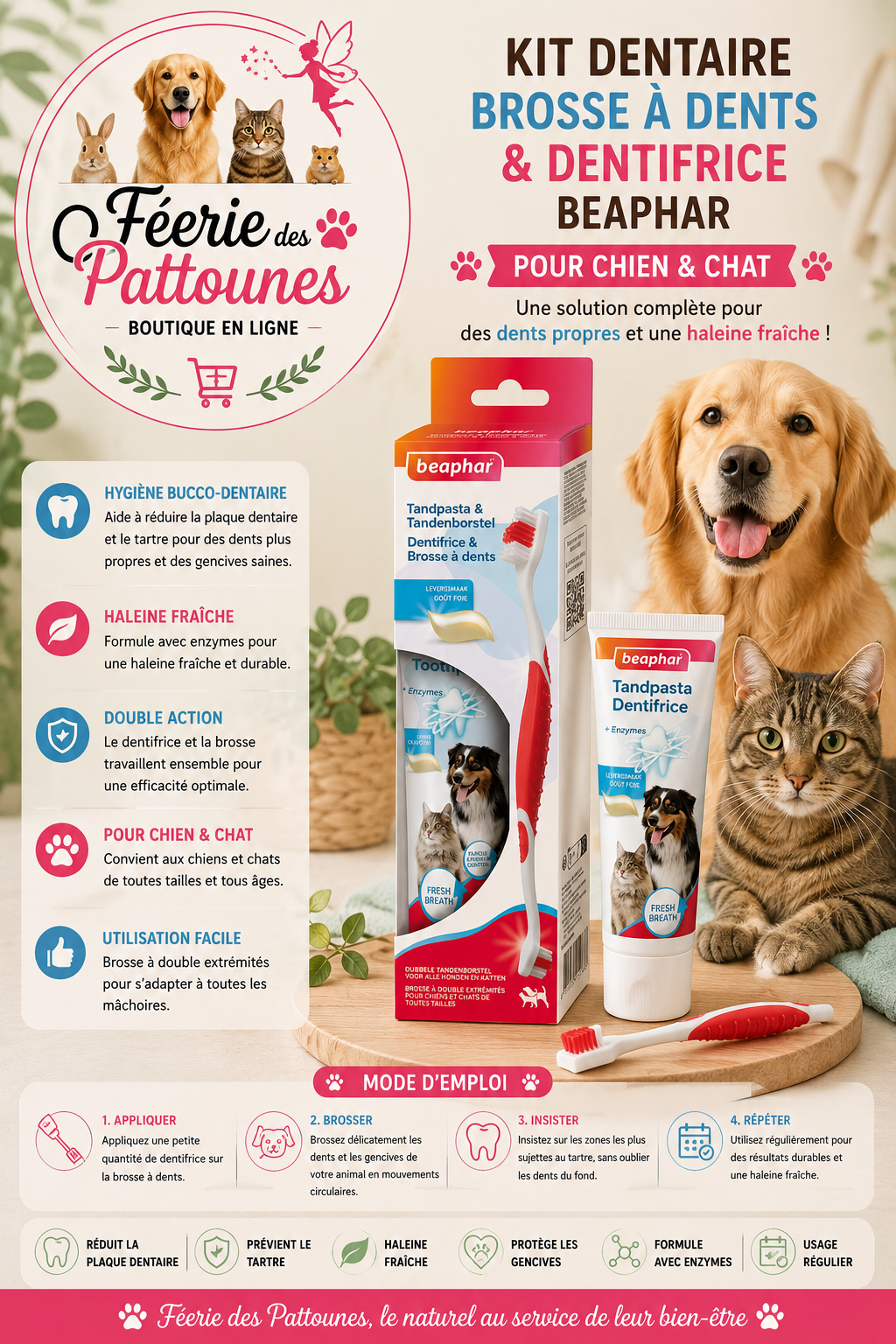 🦷🐾 Kit Dentaire – Brosse à Dents & Dentifrice Goût Foie – Beaphar
