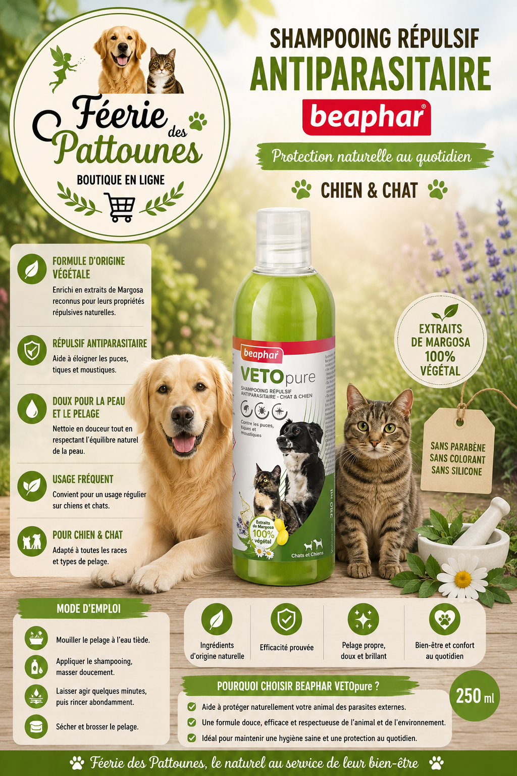 🛡️🐶 Shampooing Répulsif Antiparasitaire – VETOpure Beaphar (250 ml)