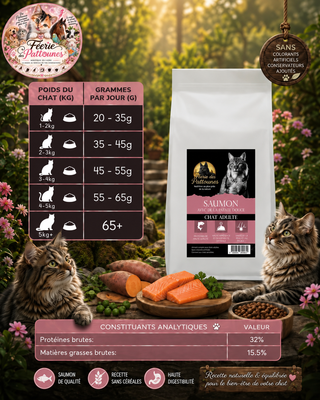 🐱 Croquettes Sans Céréales – Saumon & Patate Douce – Chat Adulte (1,5 kg & 7,5 kg)
