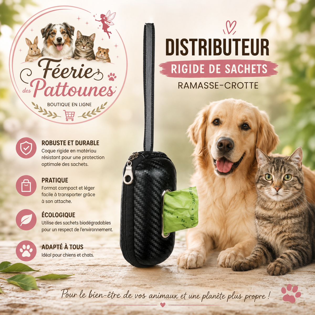 🖤 Distributeur Rigide de Sachets Ramasse‑Crottes – Noir (10 × 6 cm)