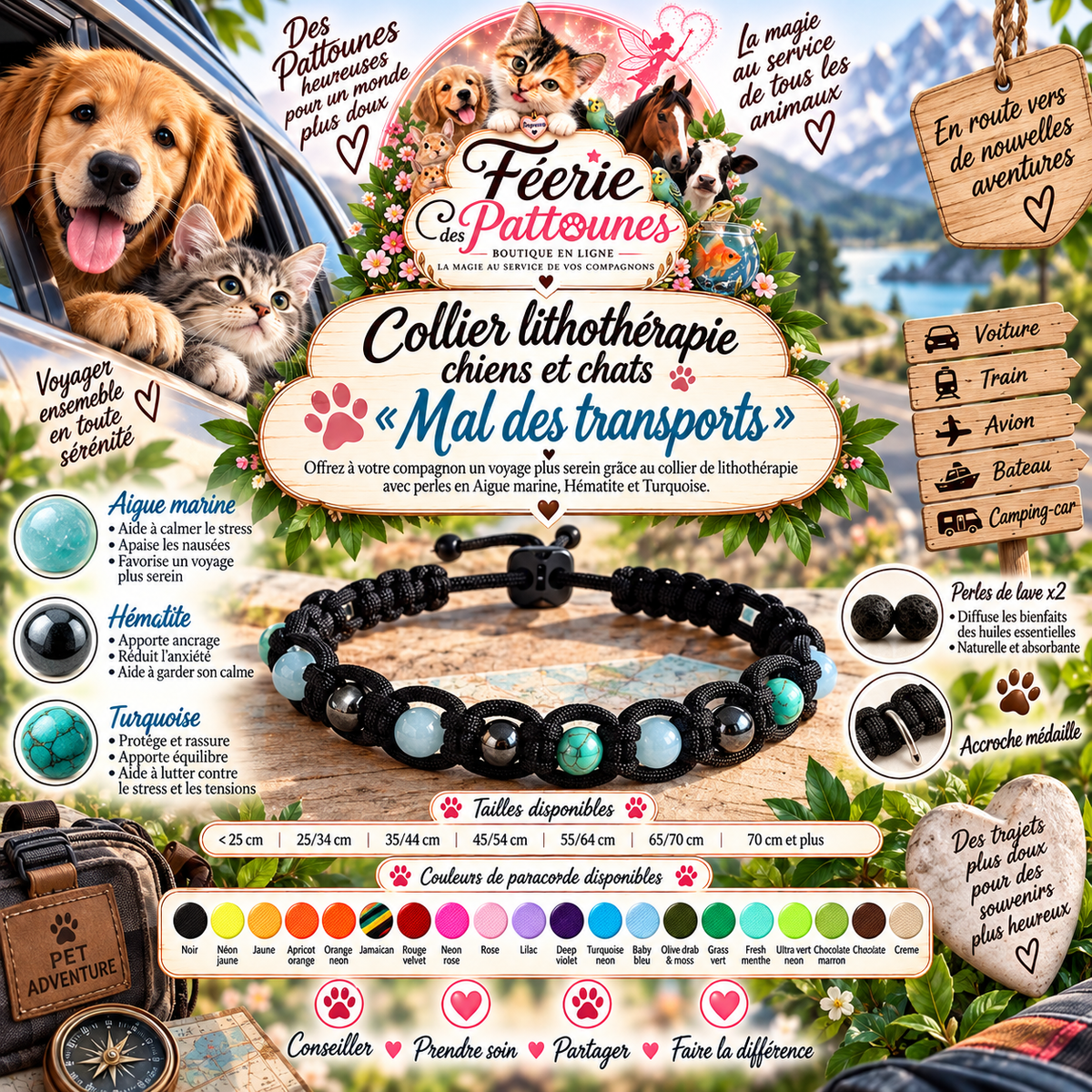 🐶🐱🌊 Collier Lithothérapie – “Mal des transports”