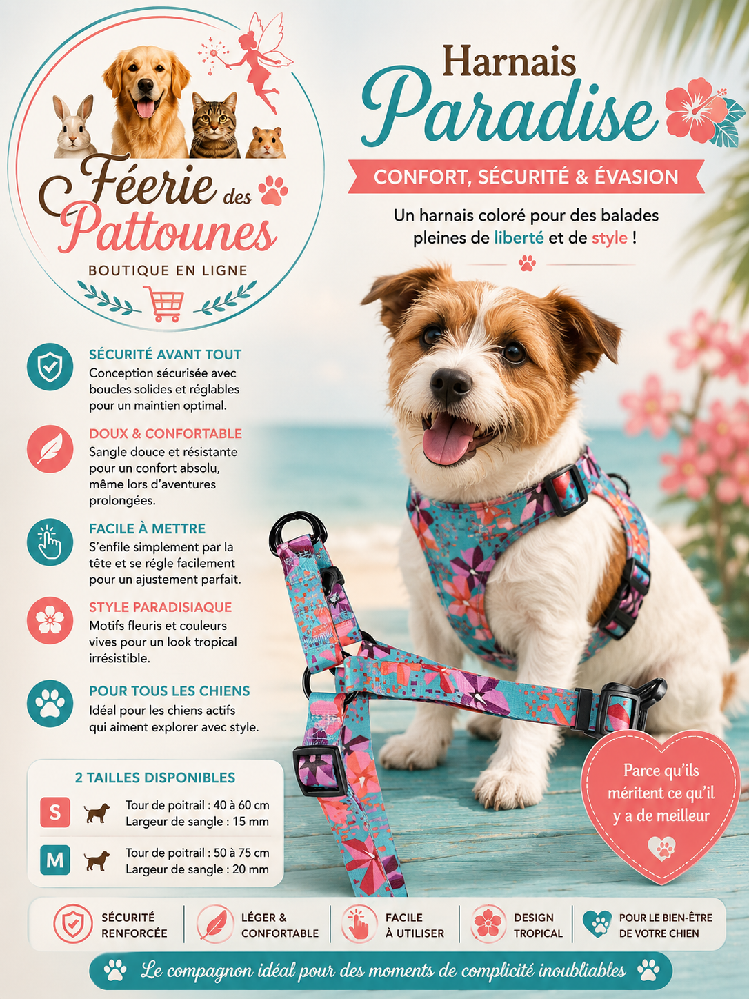 🌴🐶 Harnais Paradise – Deux en Un (Tailles S • M)