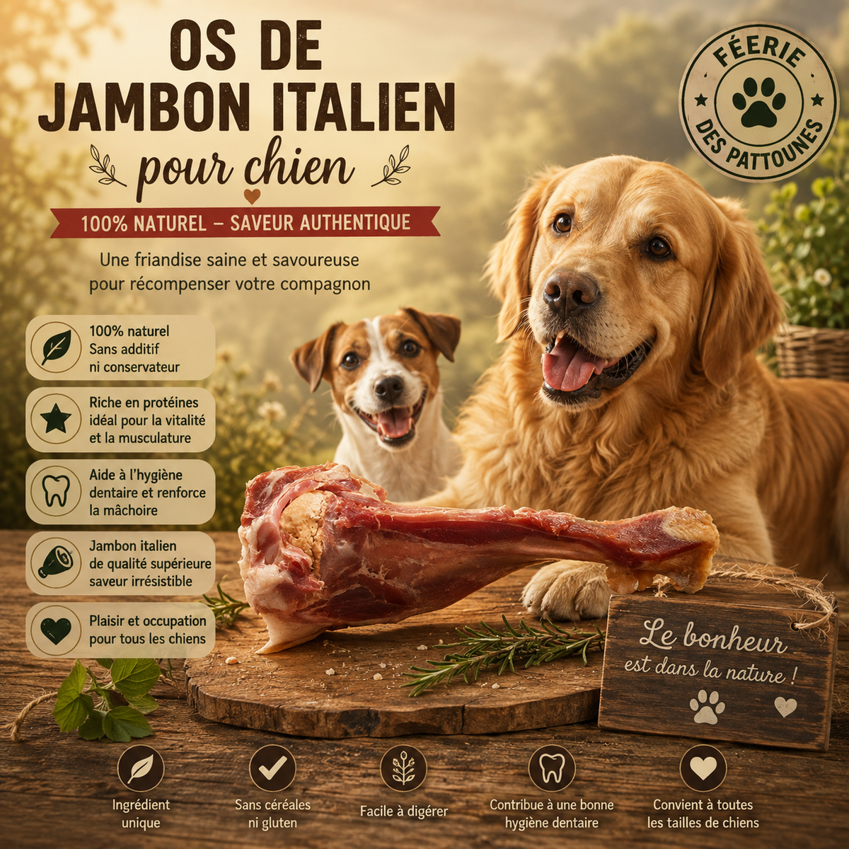 🐖 Os de Jambon Italien – Friandise Naturelle & Appétente pour Chien (24 cm)