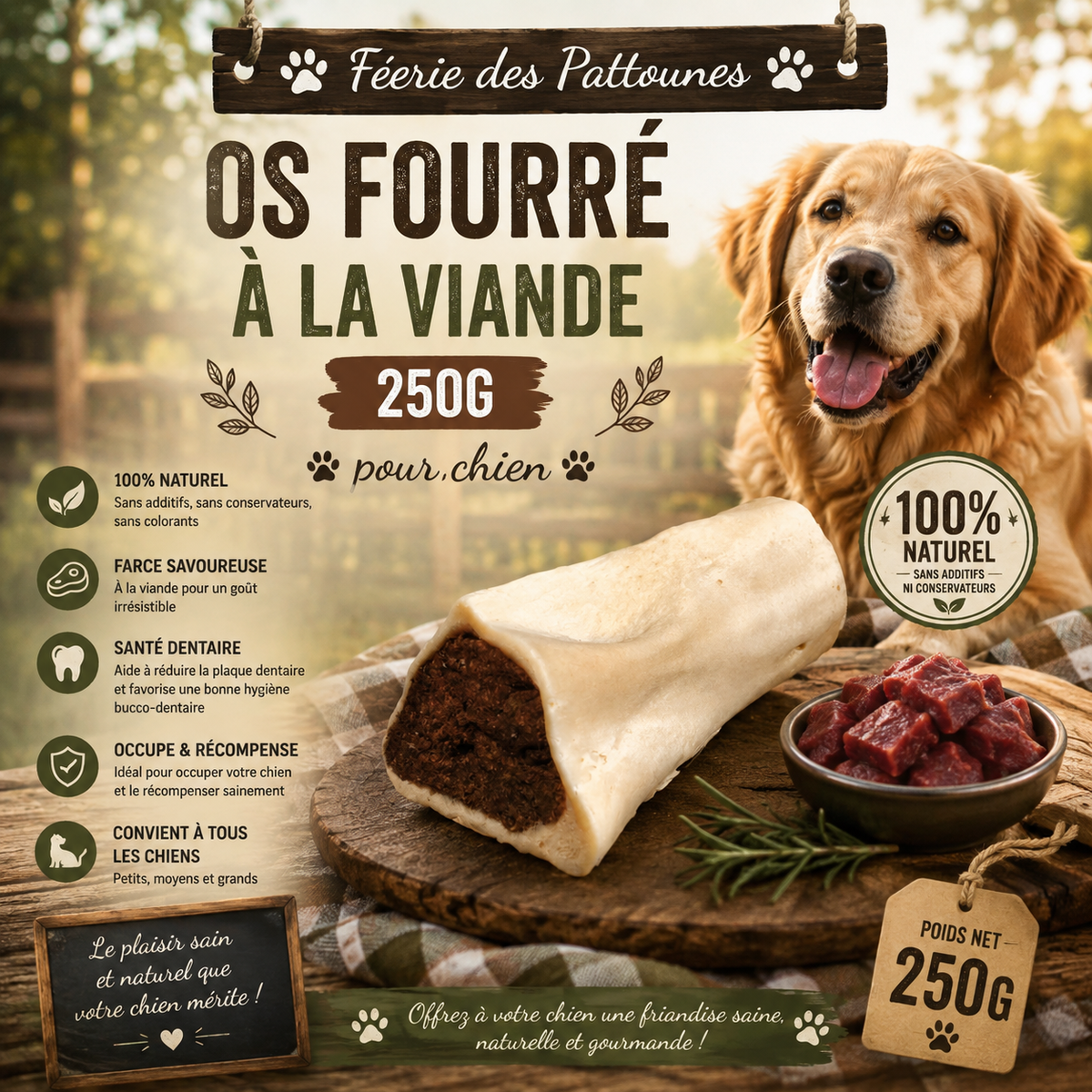 🦴 Os Fourré à la Viande de Bœuf – Friandise Naturelle pour Chien (250 g • 10 cm)