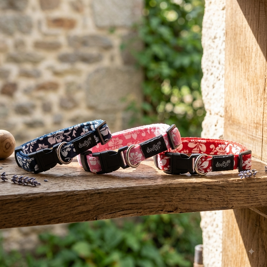 🌺 Collier Tahiti Doogy Classic – Pour Chien – Bleu / Rouge / Rose (Tailles T1 & T2)