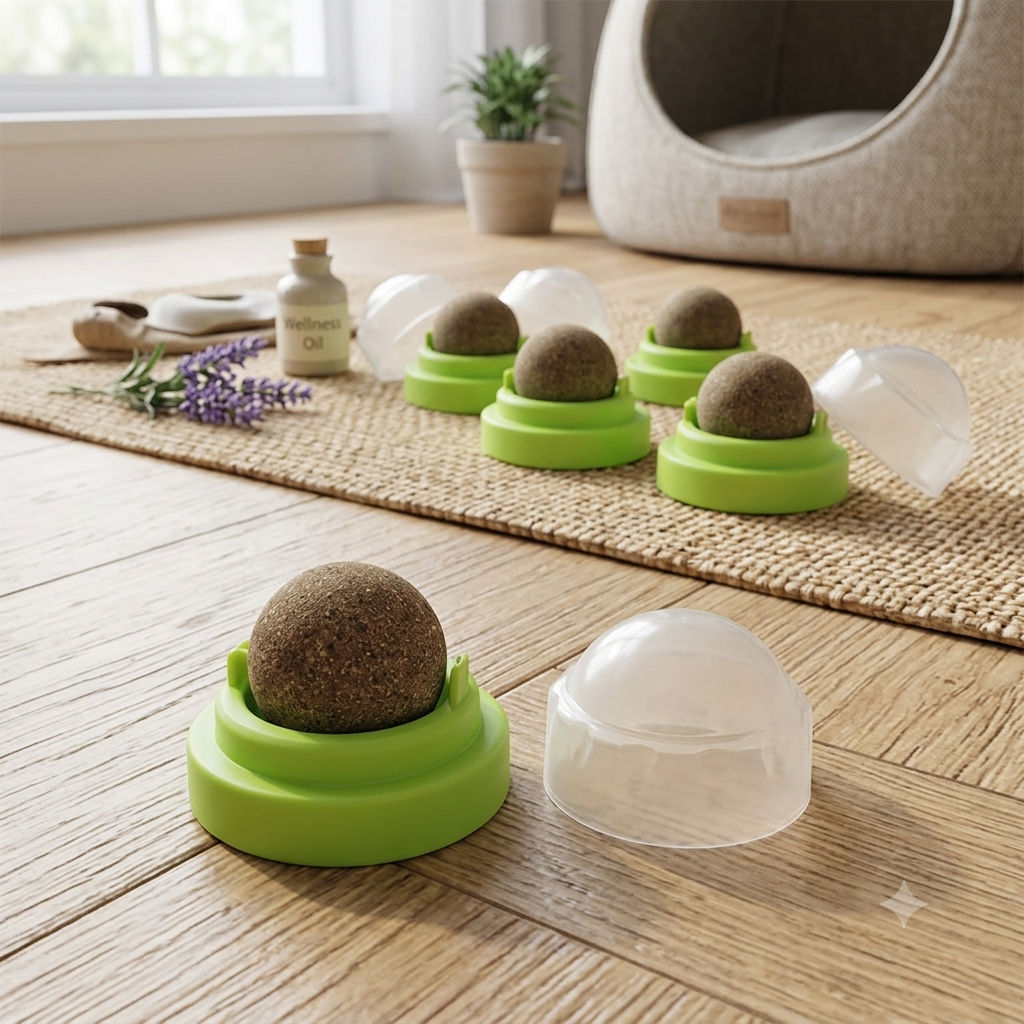 🐾 Balle Herbe à Chat – Fixation Ventouse – Rotative &amp; Naturelle (Ø 3 cm)
