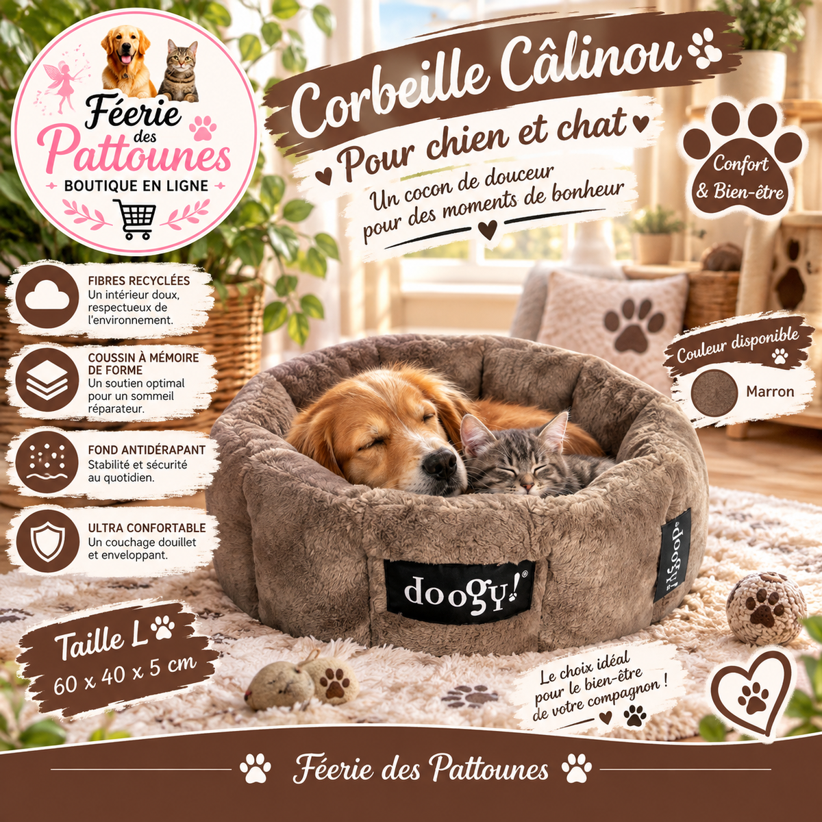 🐾🤎 Corbeille Câlinou – Marron Glacé – Taille L (55 × 55 × 22 cm)
