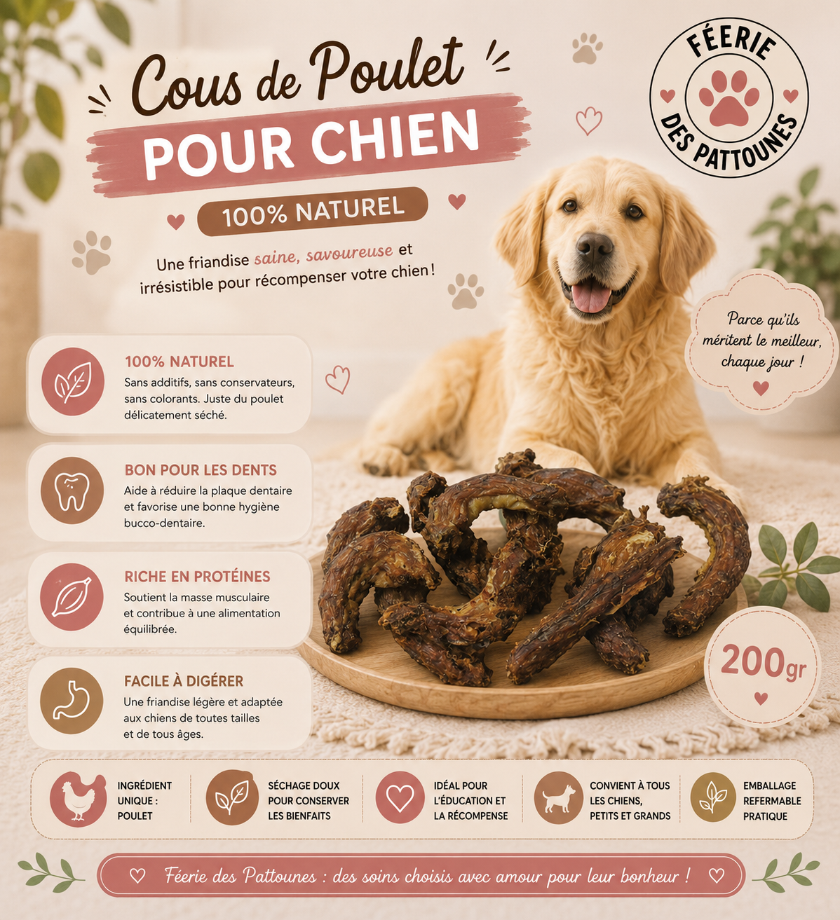 🍗 Cous de Poulet Séchés – Friandise Naturelle (200 g)