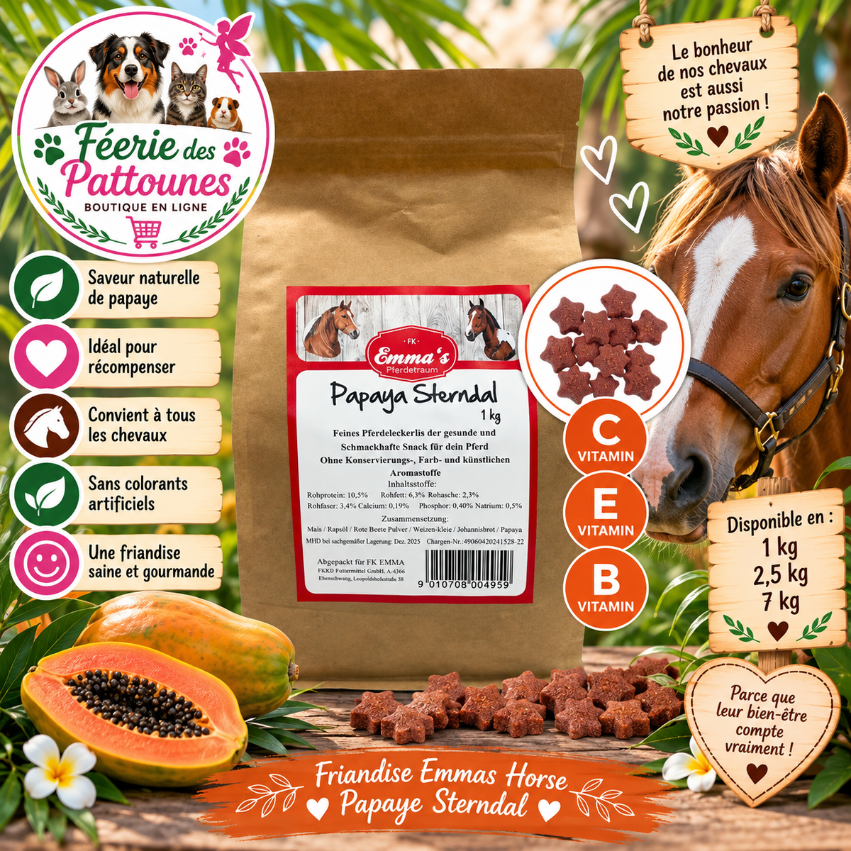 ⭐🥭🐴 Emmas Horse – Friandises Papaye Sterndal (1 kg • 2,5 kg • 7 kg)